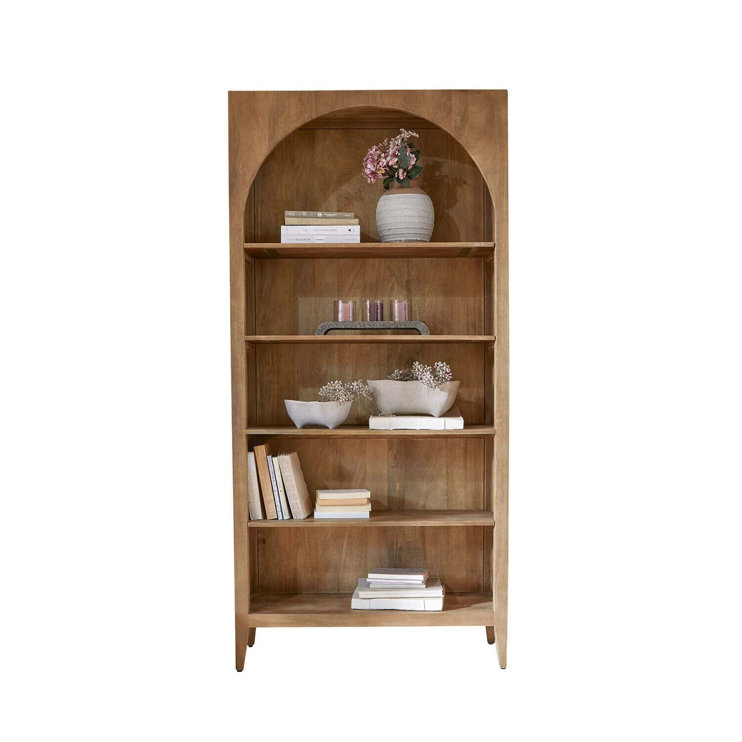 Étagère Maderaviva Étagère en bois naturel avec arc, décorations et livres sur les étagères, style rustique