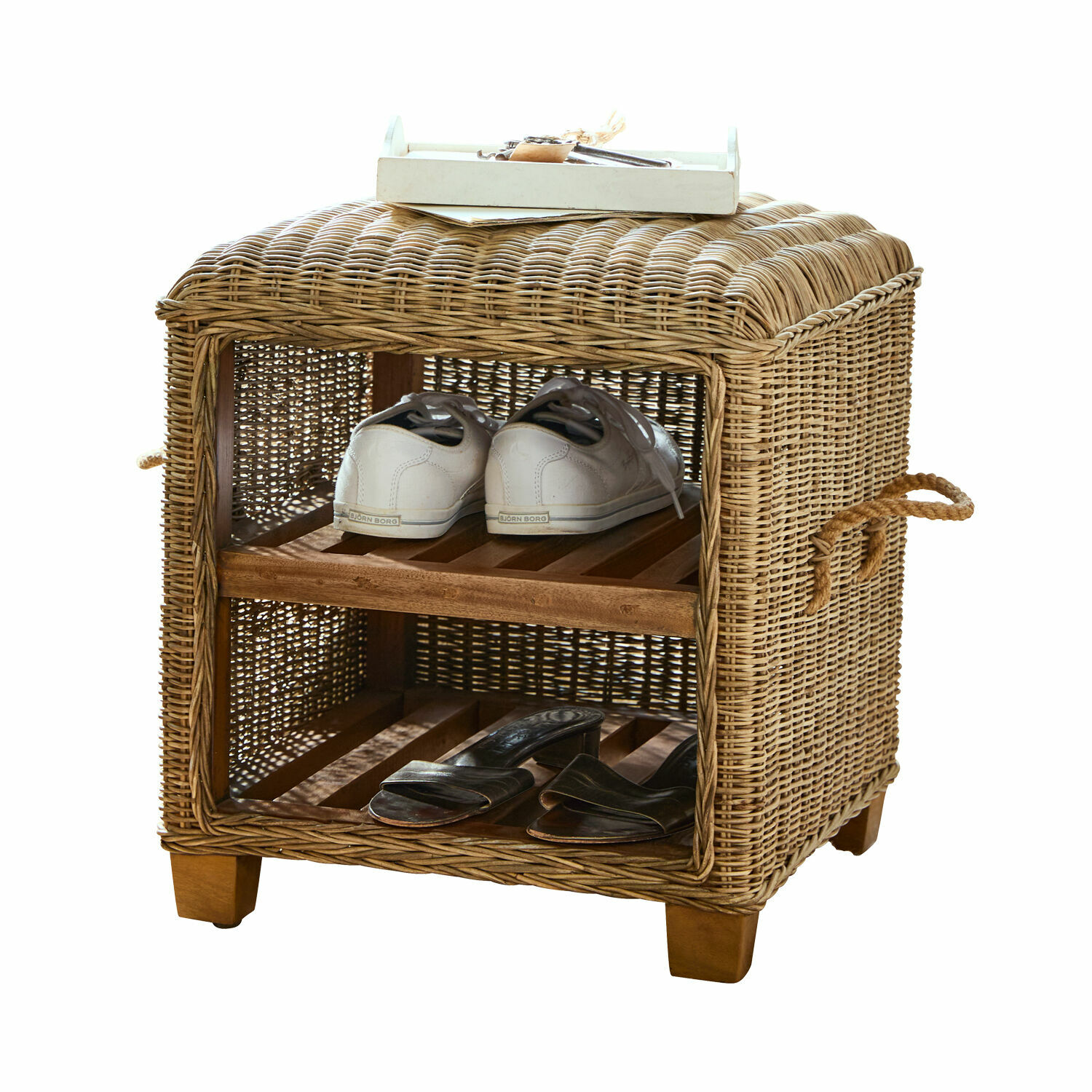 Tabouret Merveillette Meuble à chaussures en rotin naturel avec deux étagères en bois, rangement pratique pour chaussures
