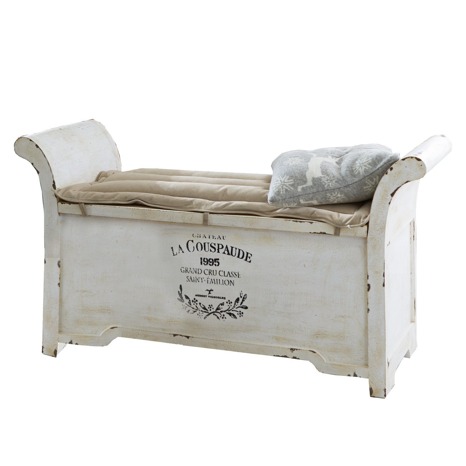 Banc Andance Banc en bois blanc style vintage avec coussin beige et coussin décoratif gris