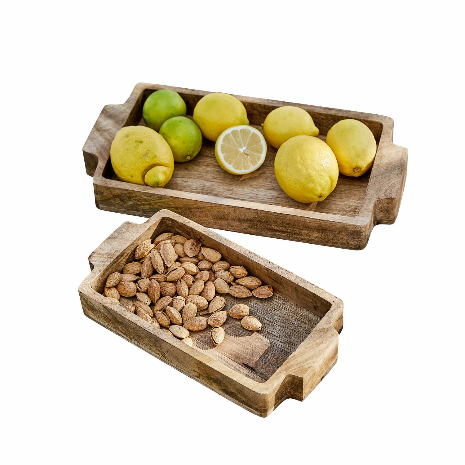 Lot de 2 plateaux Buer Plateaux rectangulaires en bois avec poignées, l'un avec citrons, l'autre avec amandes, couleur naturelle