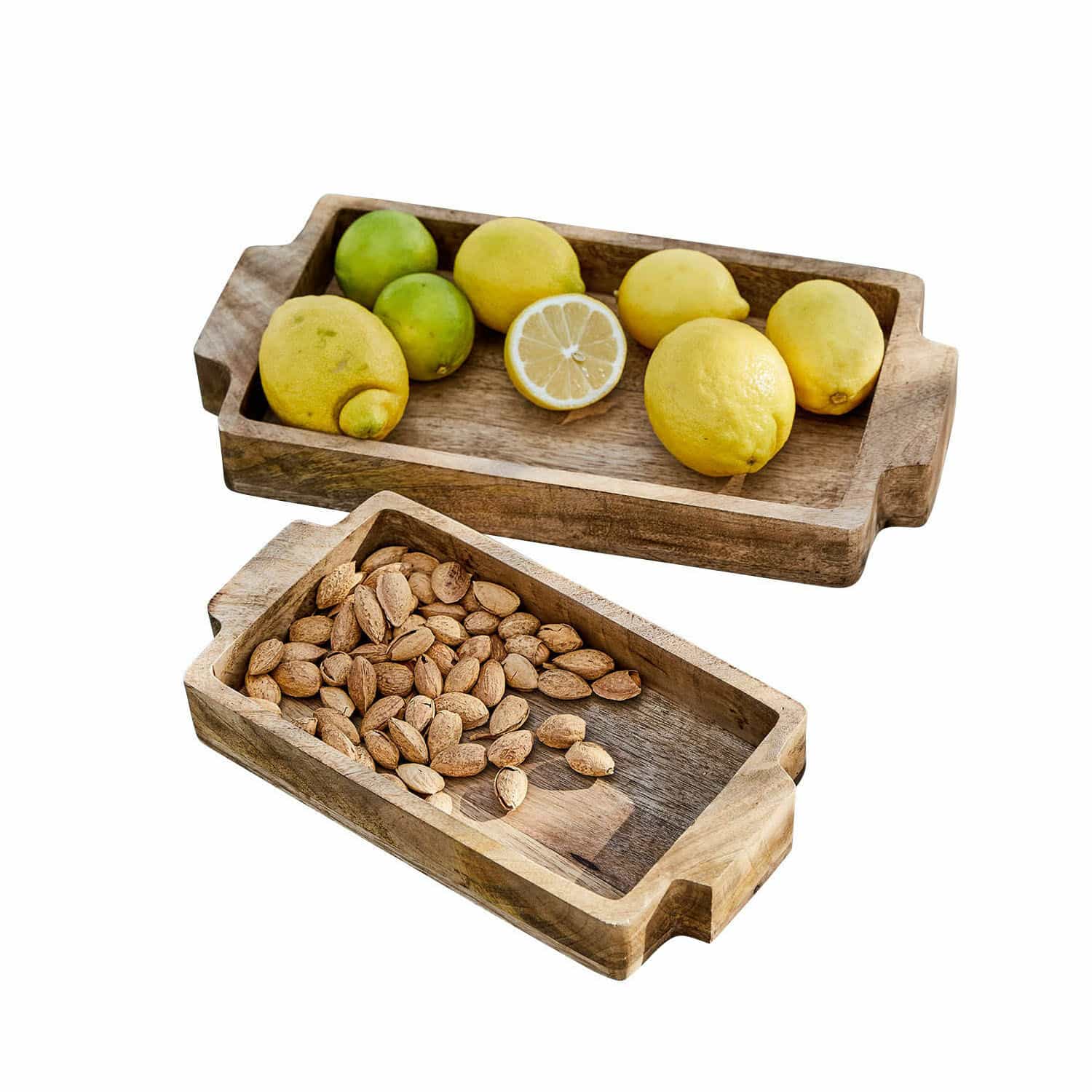 Lot de 2 plateaux Buer Plateaux rectangulaires en bois avec poignées, l'un avec citrons, l'autre avec amandes, couleur naturelle