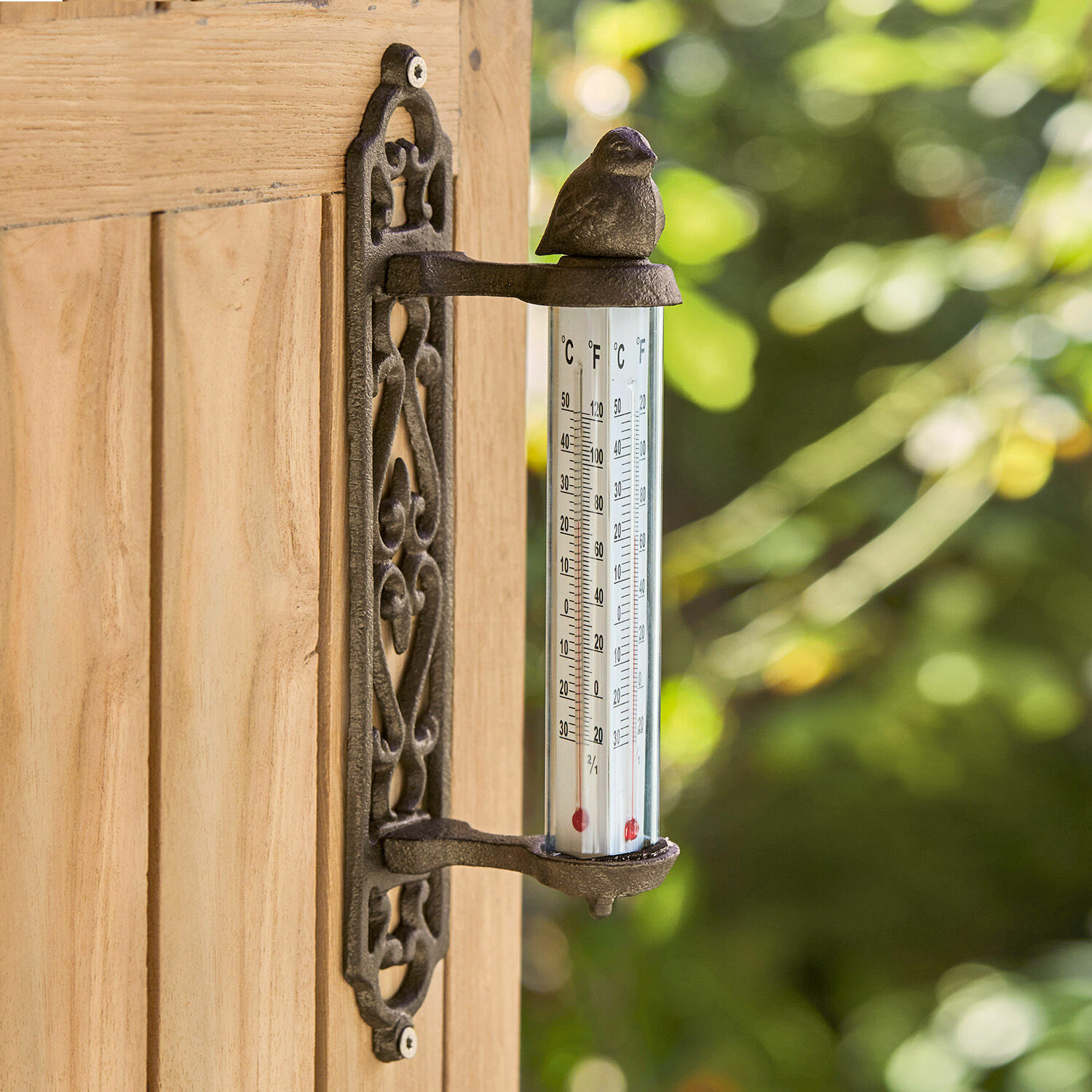 Thermomètre Binyamin Thermomètre décoratif en fonte noire avec oiseau, fixé sur une porte en bois, idéal pour jardin