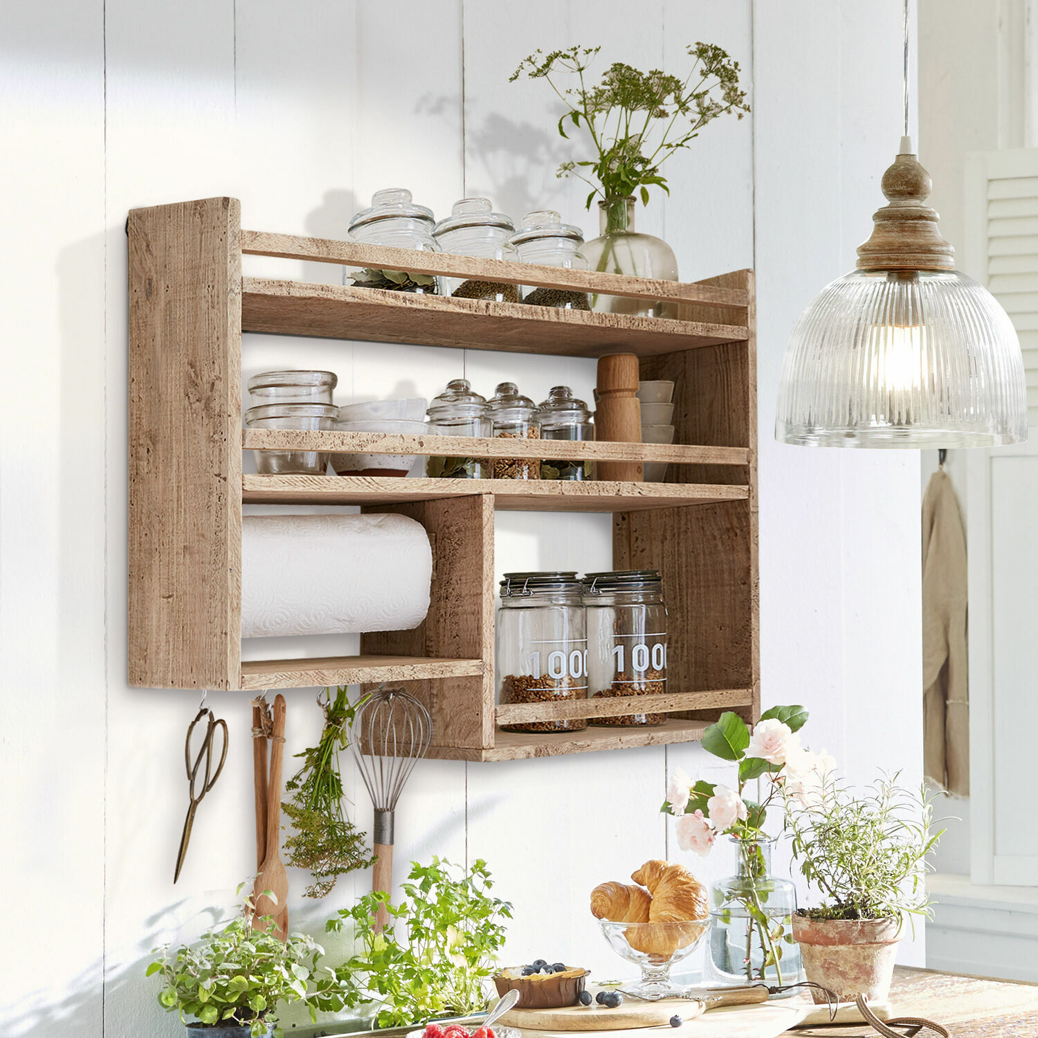 Étagère à épices Loré Étagère murale rustique en bois avec rangement pour épices et porte-essuie-tout en cuisine