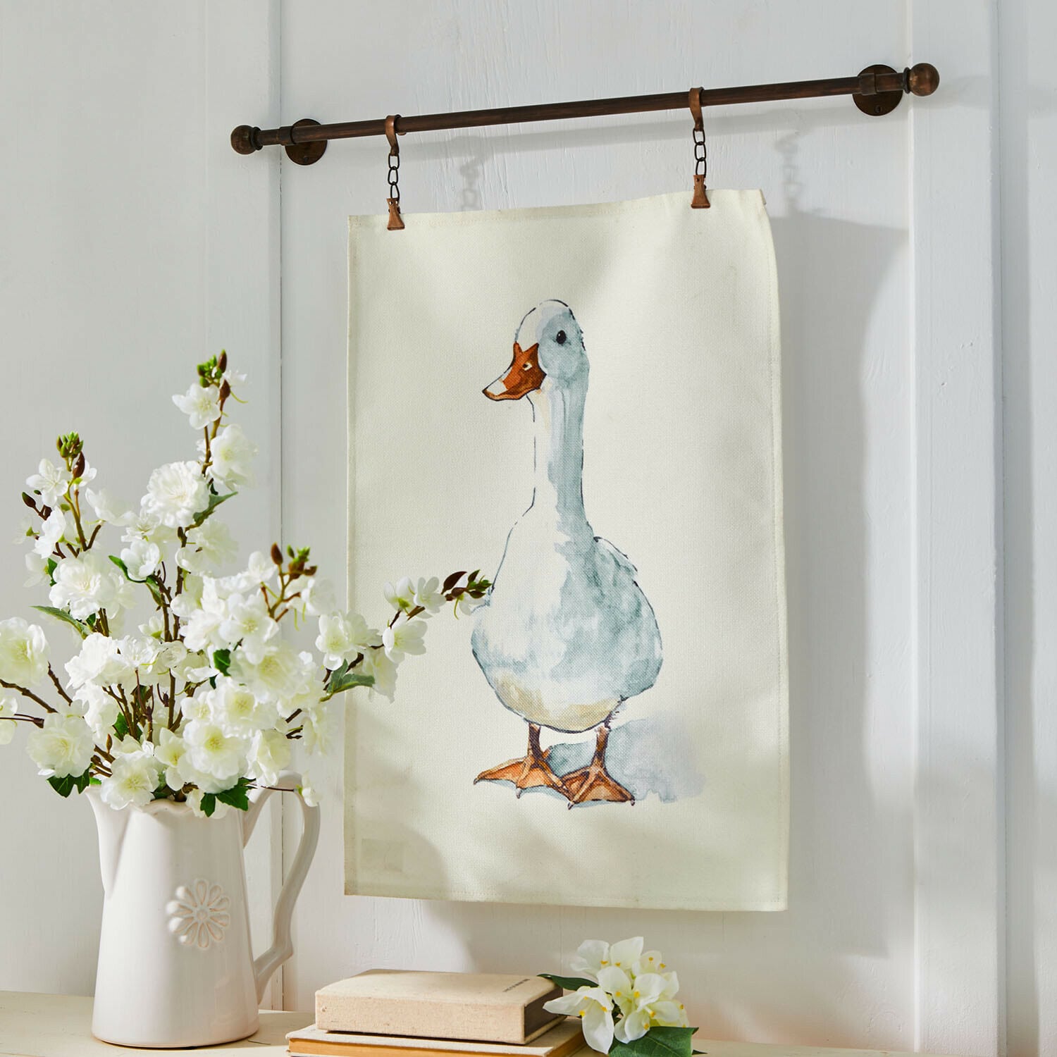Toile Sunnyo Tissu décoratif en coton avec impression d'un canard aux couleurs pastel, suspendu à une tringle en métal