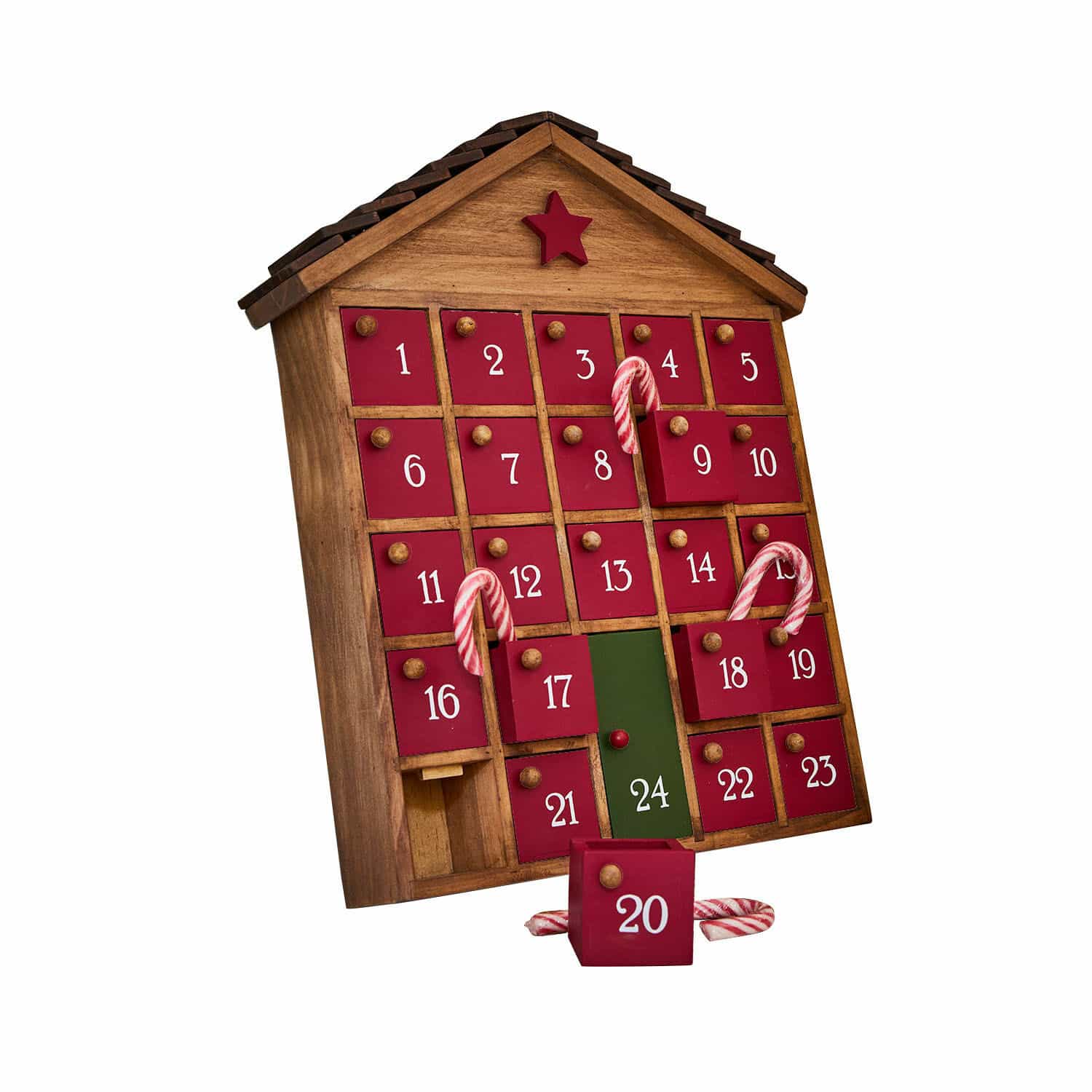 Calendrier de l'Avent Zanari Calendrier de l'Avent en bois en forme de maison avec portes rouges et numéro vert 24