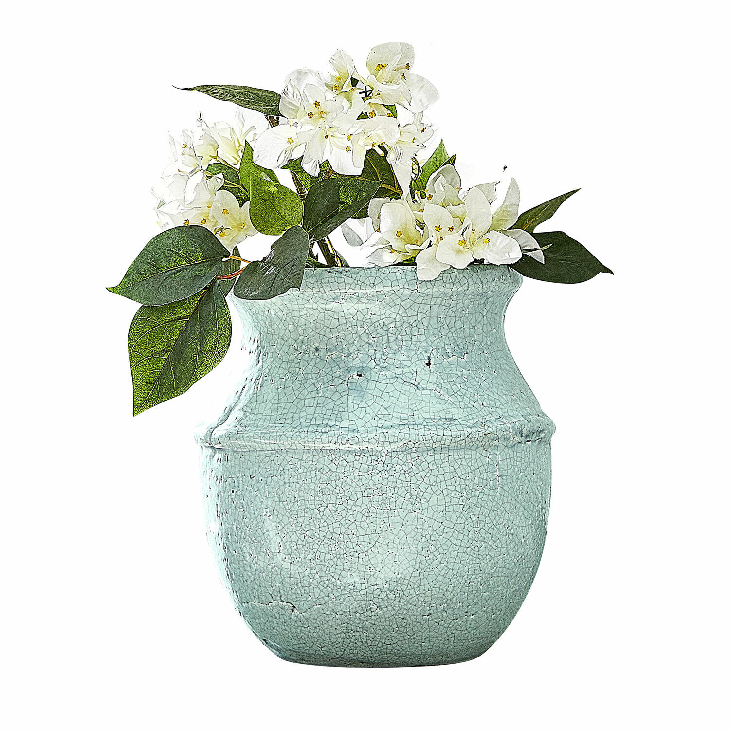 Vase Rosamonde Vase en céramique vert menthe avec fleurs blanches et feuilles vertes pour décoration intérieure