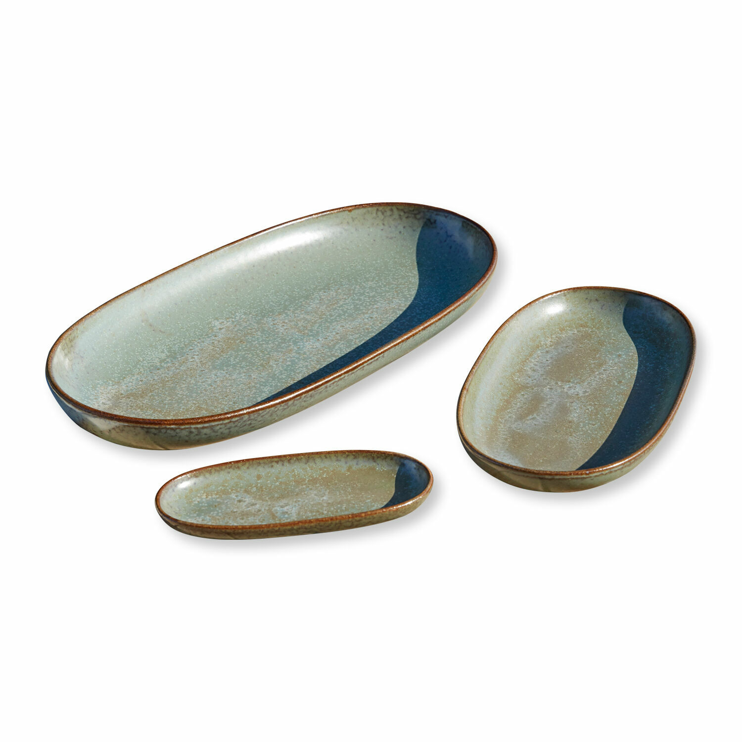 Lot de 3 plateaux de service Biarré Ensemble de trois assiettes ovales en céramique vert et bleu pour servir les plats avec style