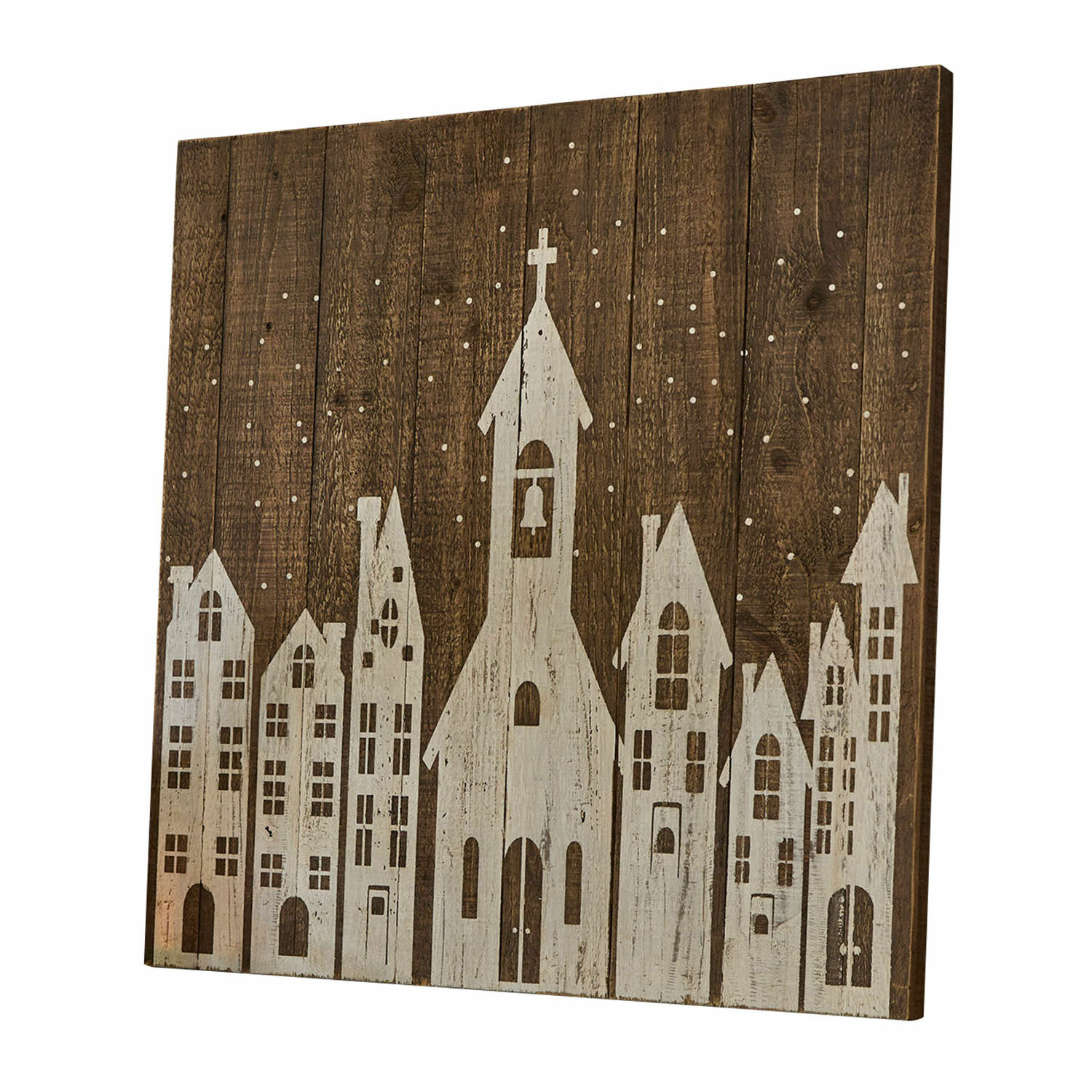 Panneau décoratif Luce Décoration murale en bois avec motif blanc de maisons et église sur fond foncé, décoration de Noël