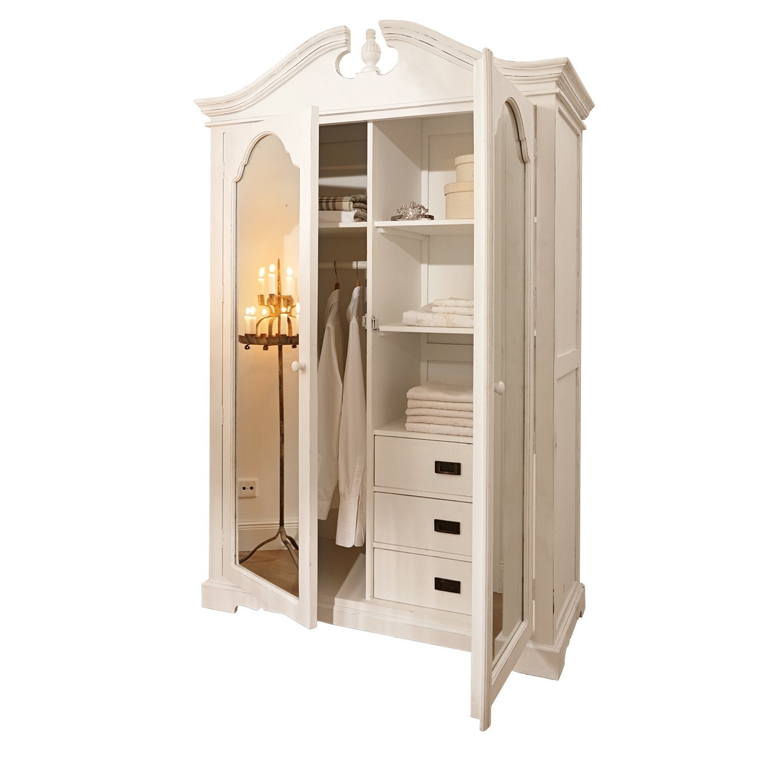 blanc vieilli Armoire Somerset en bois blanc antique avec miroir et trois tiroirs pour rangement de vêtements