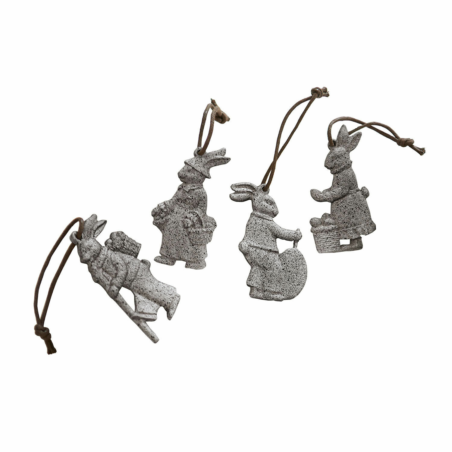 Lot de 4 suspensions Pierre Ensemble de quatre suspensions grises en forme de lapins en matériau avec corde pour décoration de Pâques