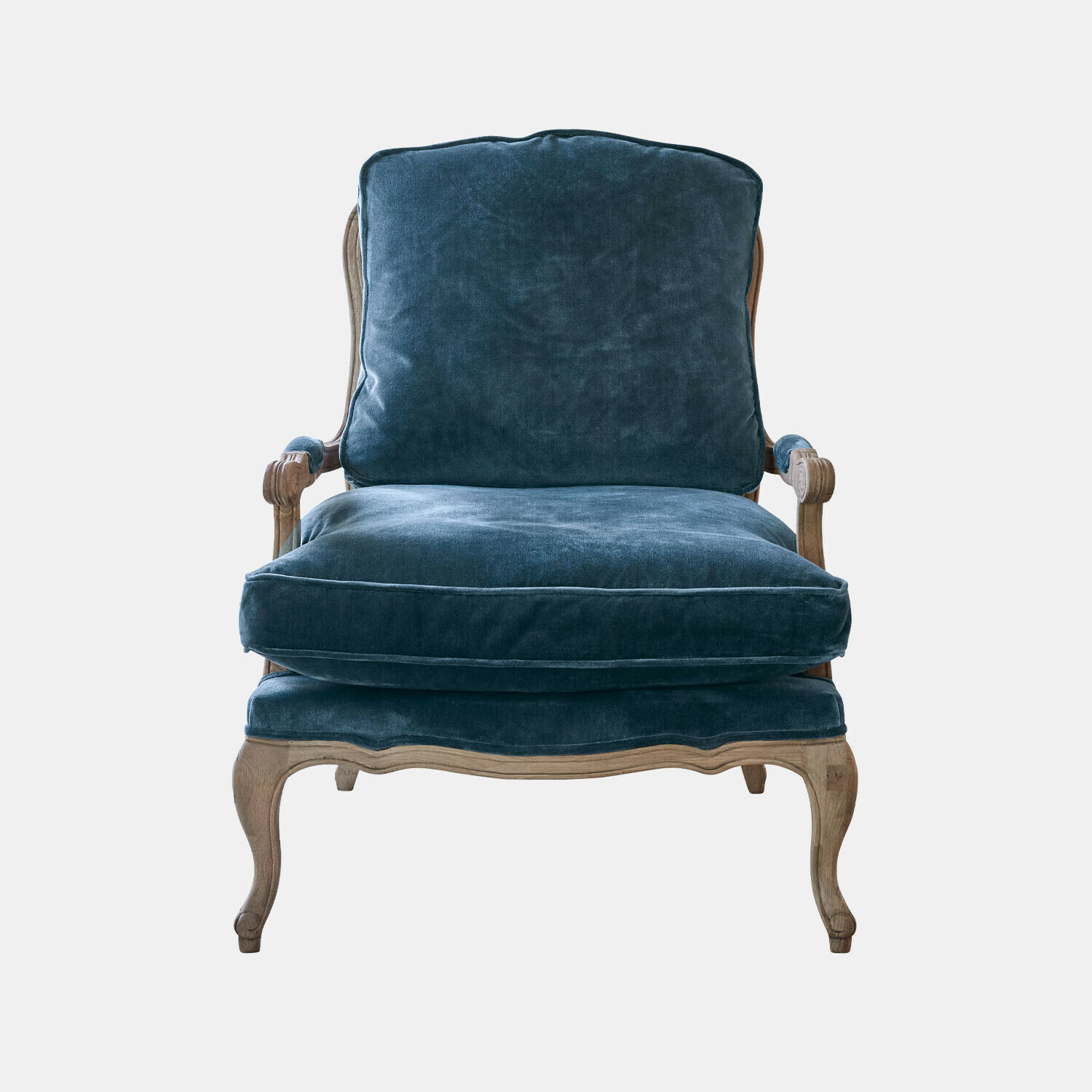 bleu/marron Fauteuil Corlay en velours bleu avec cadre en bois marron, design classique élégant