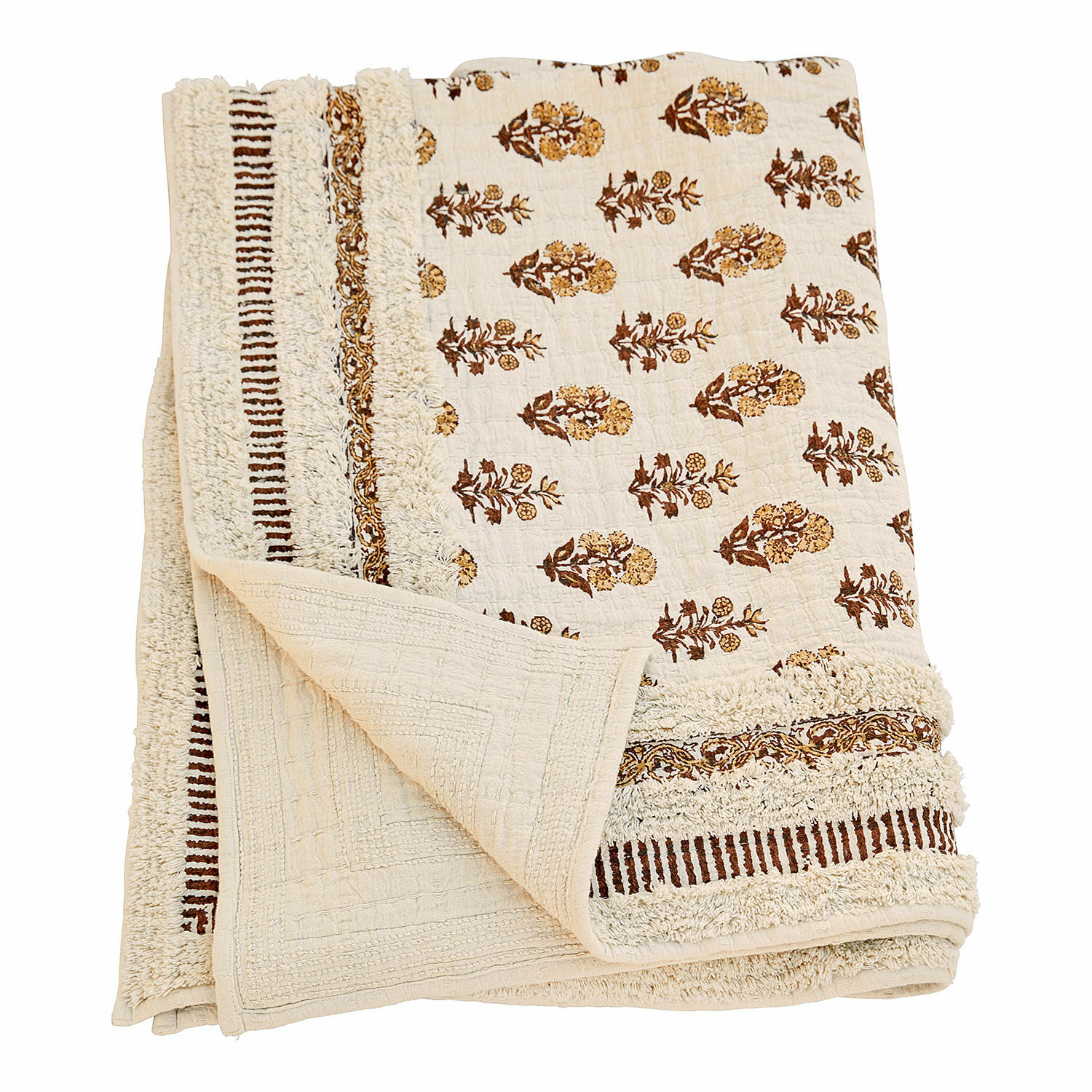 Plaid Arsalan Plaid en coton crème avec motif floral marron et franges décoratives, textile d'intérieur élégant