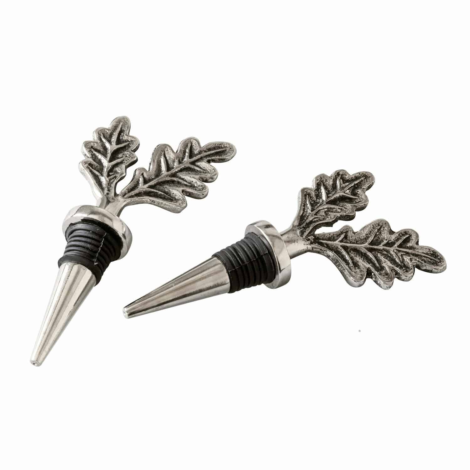 Lot de 2 bouchons de bouteilles Vibius Lot de deux bouchons de bouteille en métal avec décoration feuille de chêne argentée
