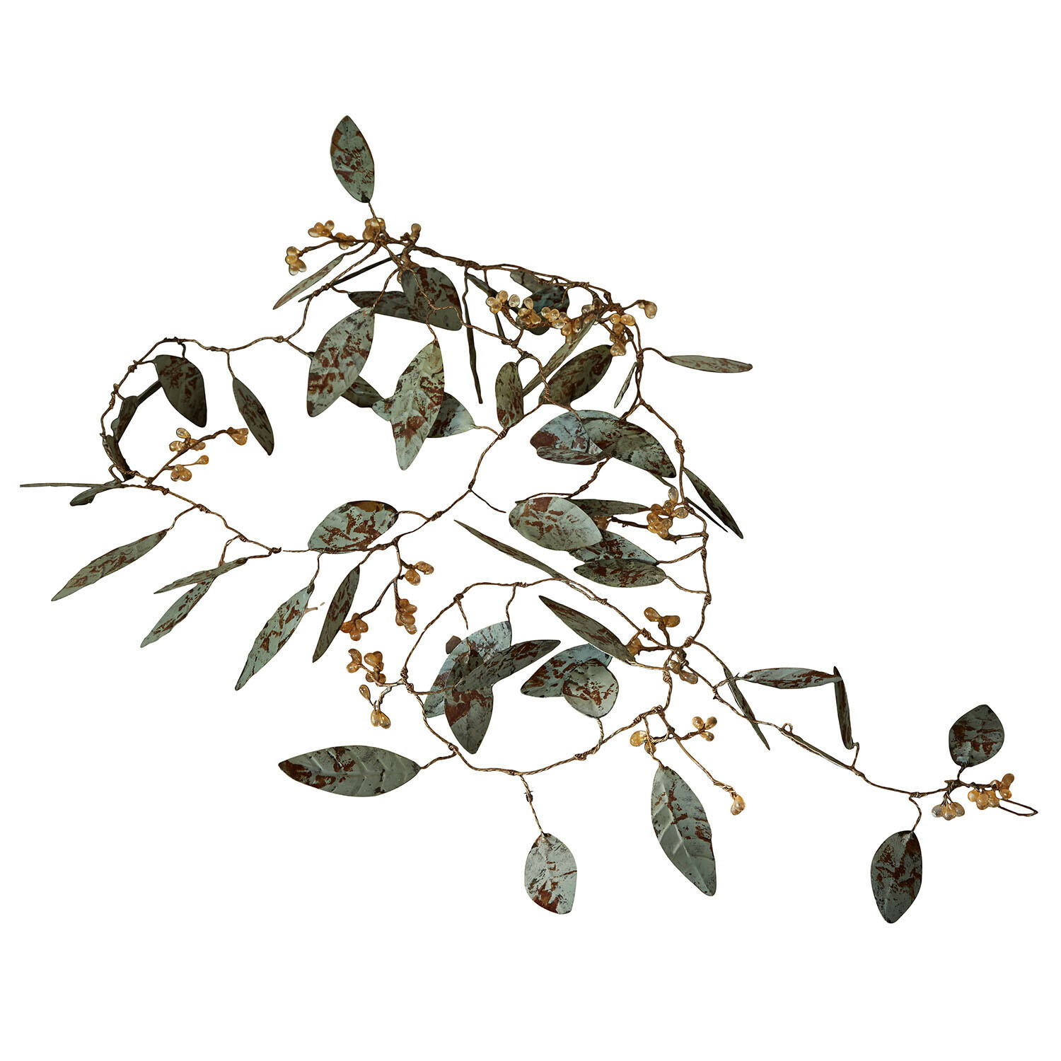 Branche décorative en métal avec feuilles vertes et baies dorées pour décoration intérieure