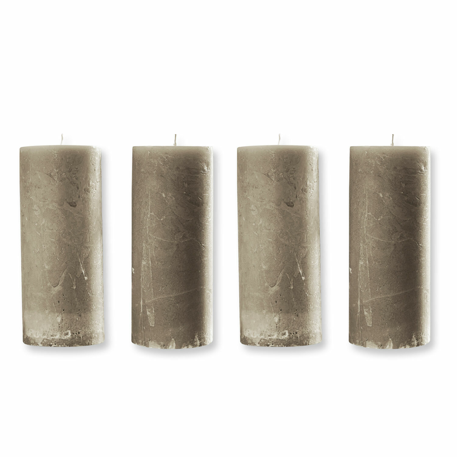 Lot de 4 bougies Homel Ensemble de quatre bougies cylindriques grises en cire naturelle pour décoration intérieure