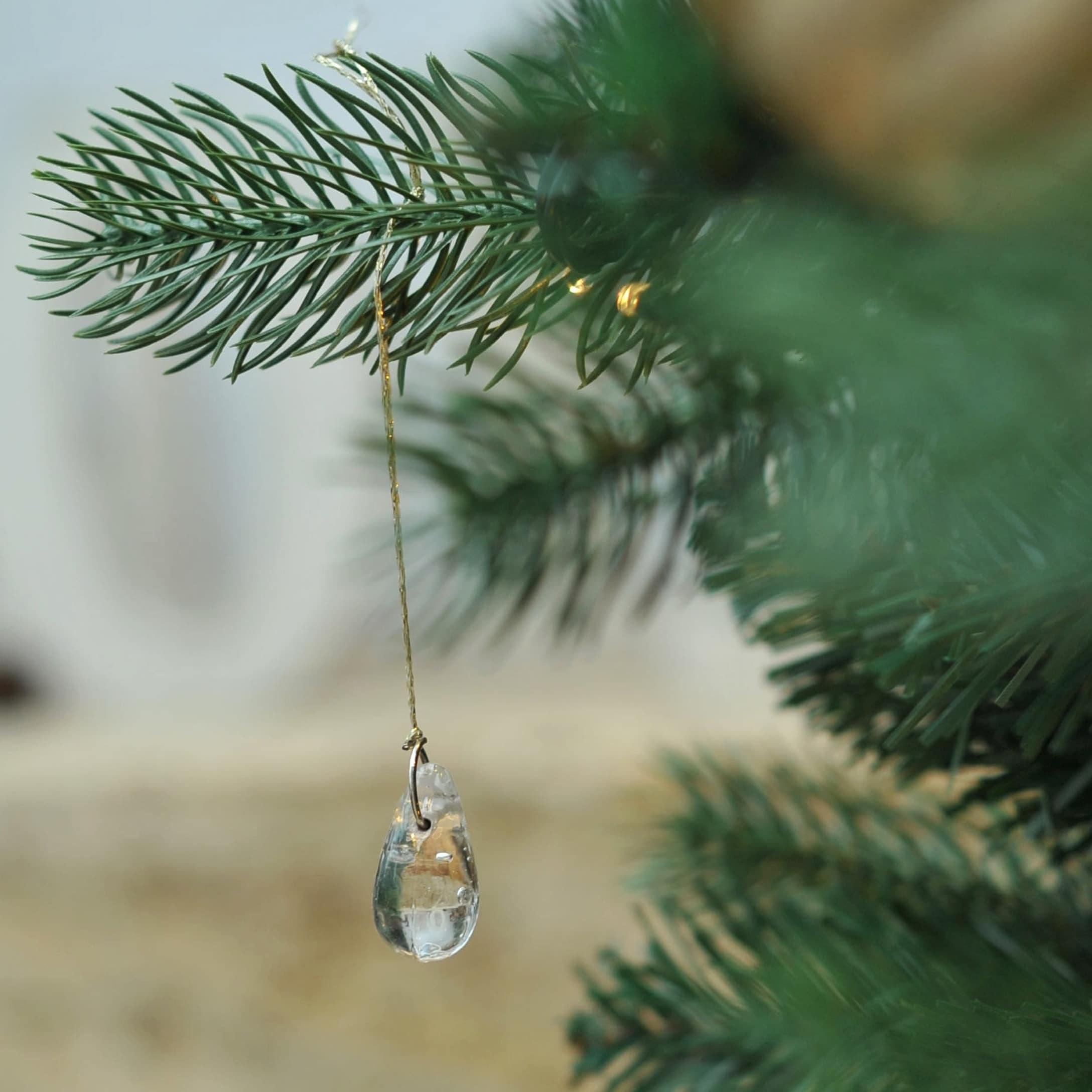 Décoration de Noël en verre transparent suspendue à une branche de sapin vert dans une véranda