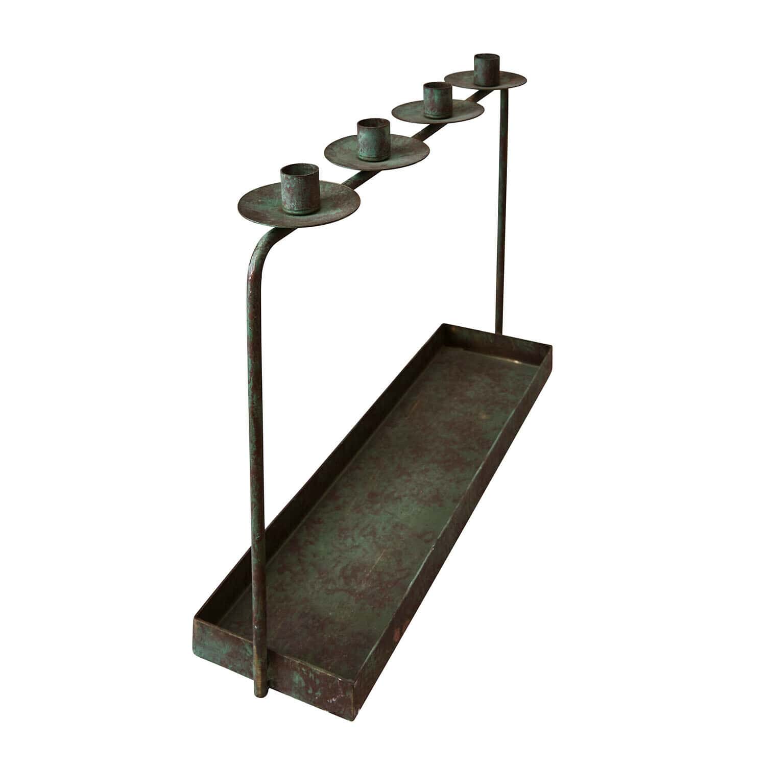 Bougeoir Valenzas Chandelier en métal vert vieilli avec cinq supports pour bougies et plateau rectangulaire