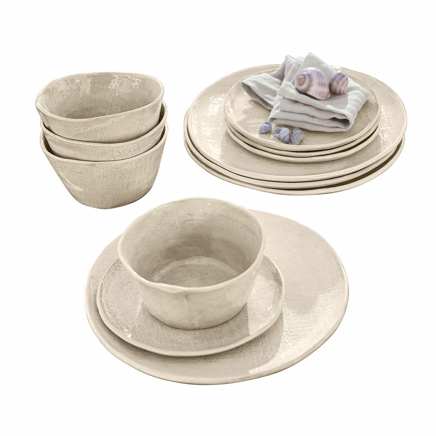Service 12 pièces Luganville Ensemble de vaisselle en céramique beige avec assiettes et bols à texture rustique pour la table