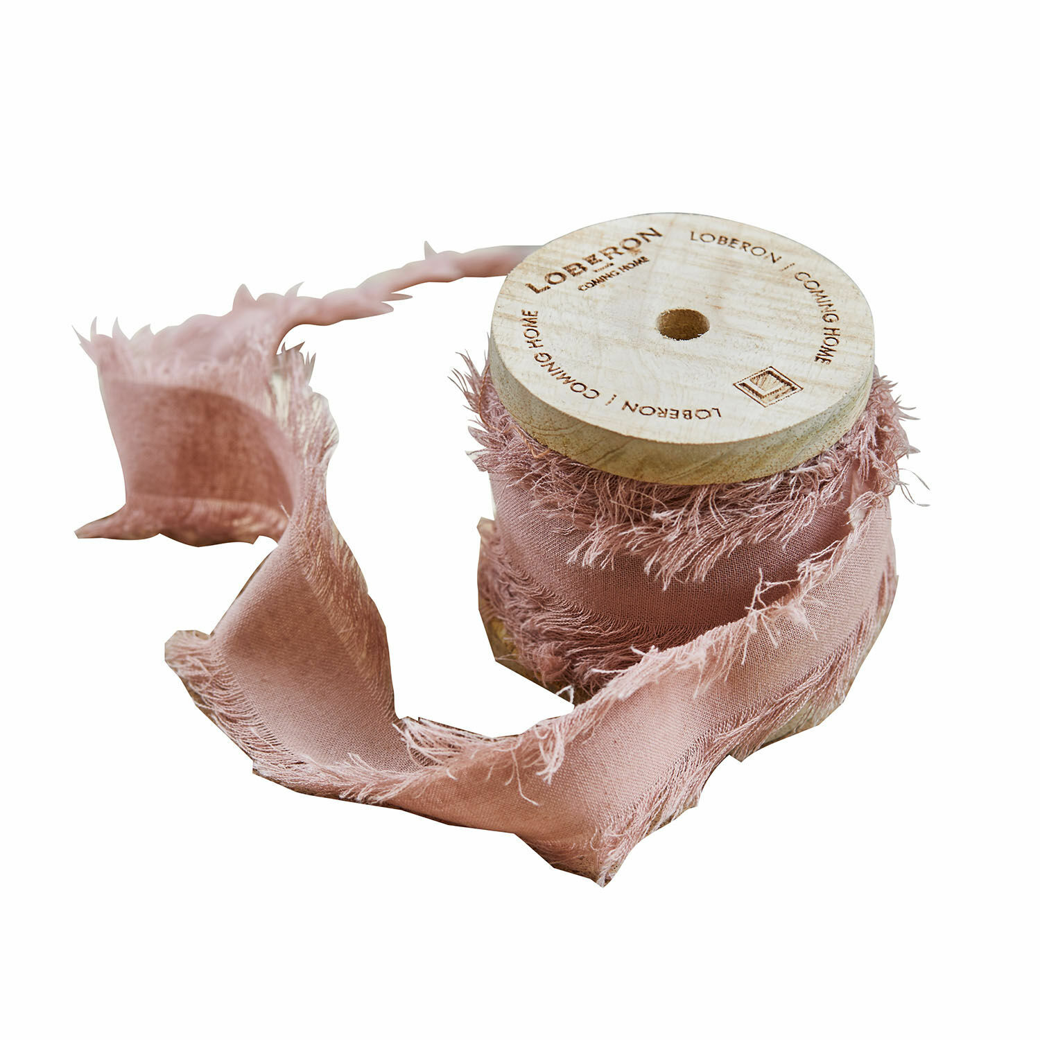 rose Ruban décoratif en coton rose avec bords effilochés sur bobine en bois naturel