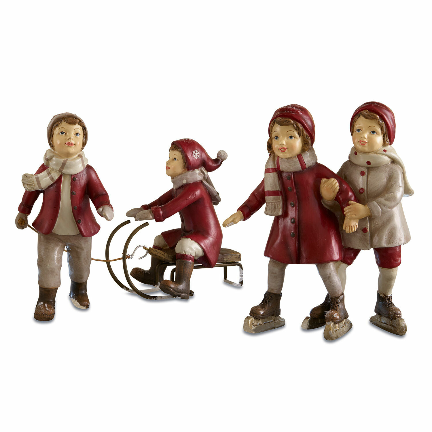 Lot de 2 figurines Andros Figurines d'enfants en manteaux rouges et beiges d'hiver, décoration festive hivernale