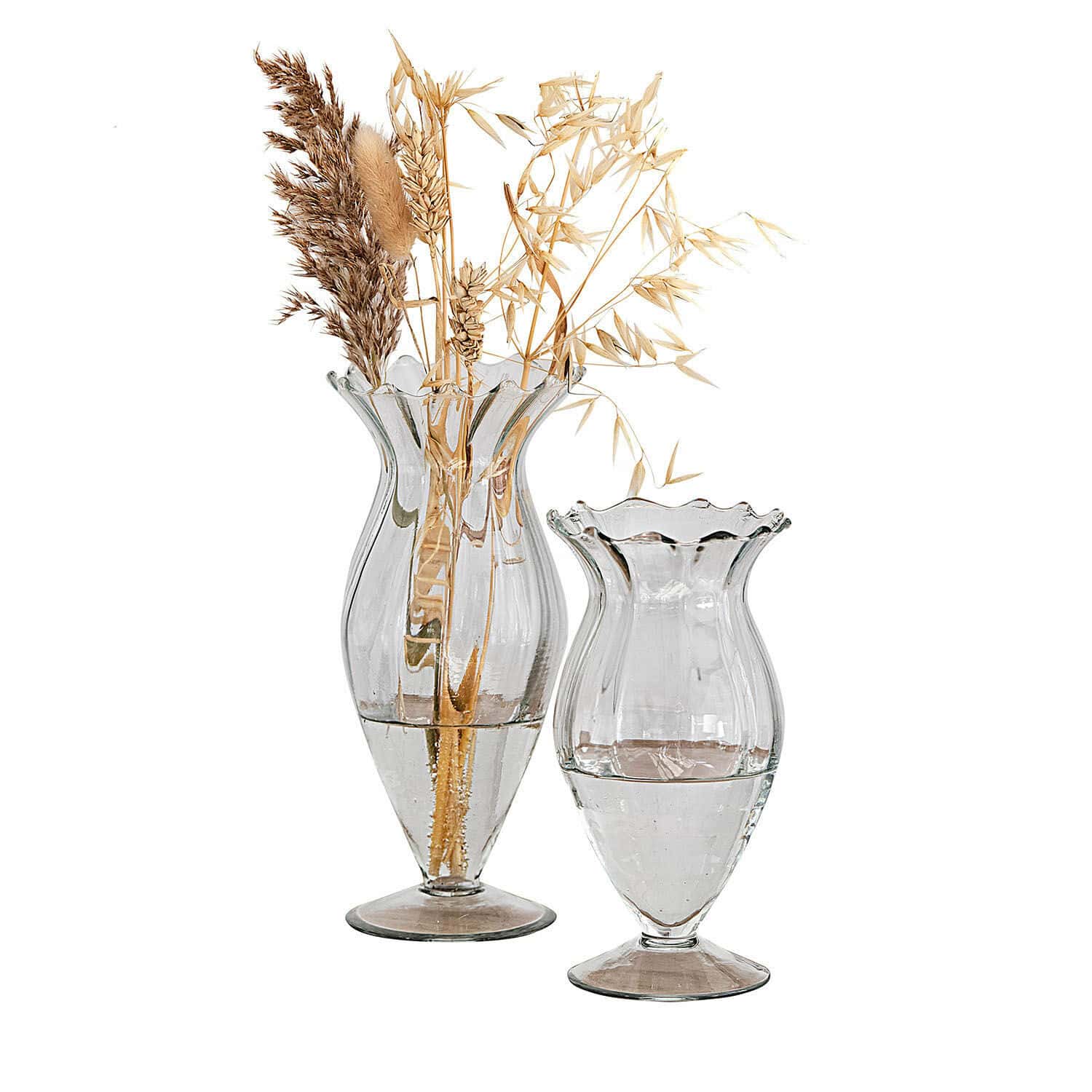 Lot de 2 vases Deniélou Ensemble de deux vases en verre transparent avec bord ondulé et herbes sèches décoratives