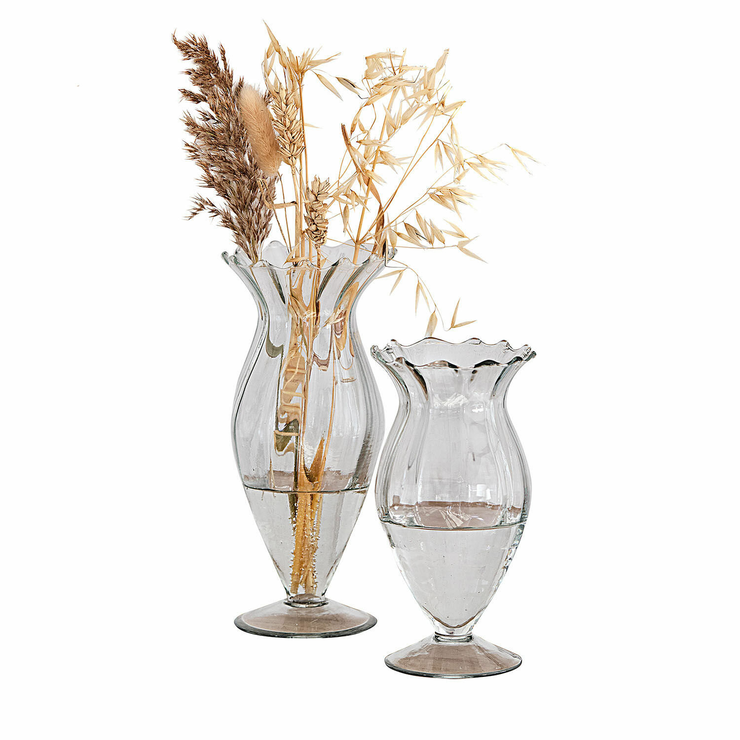 Lot de 2 vases Deniélou Ensemble de deux vases en verre transparent avec bord ondulé et herbes sèches décoratives