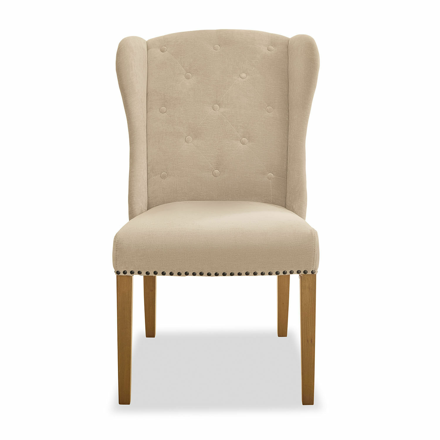 Fauteuil Remi beige en tissu avec pieds en bois, chaise élégante pour salon ou salle à manger