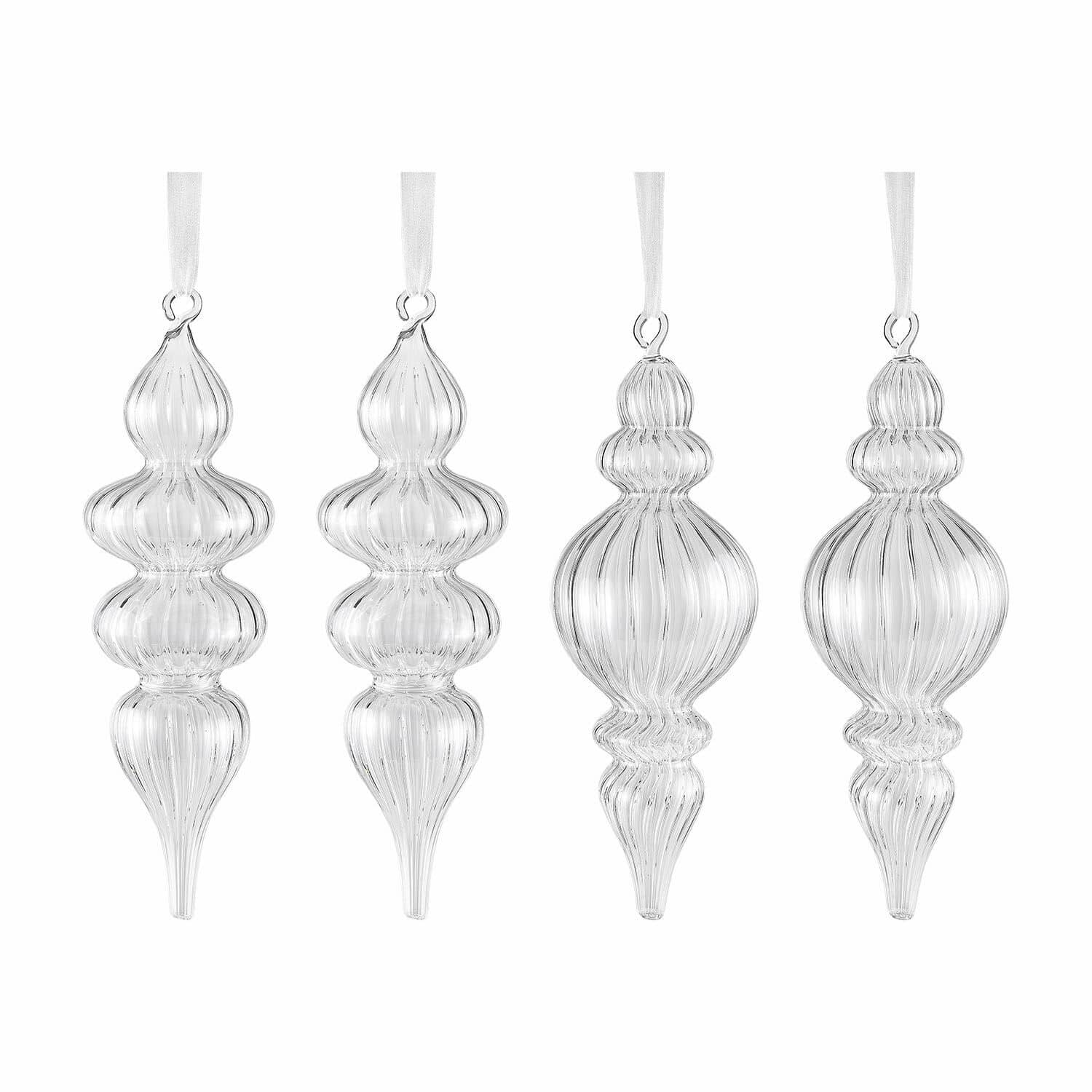 Lot de 4 décorations de Noël Diorise Ensemble de quatre décorations de Noël en verre transparent avec rubans blancs pour suspendre