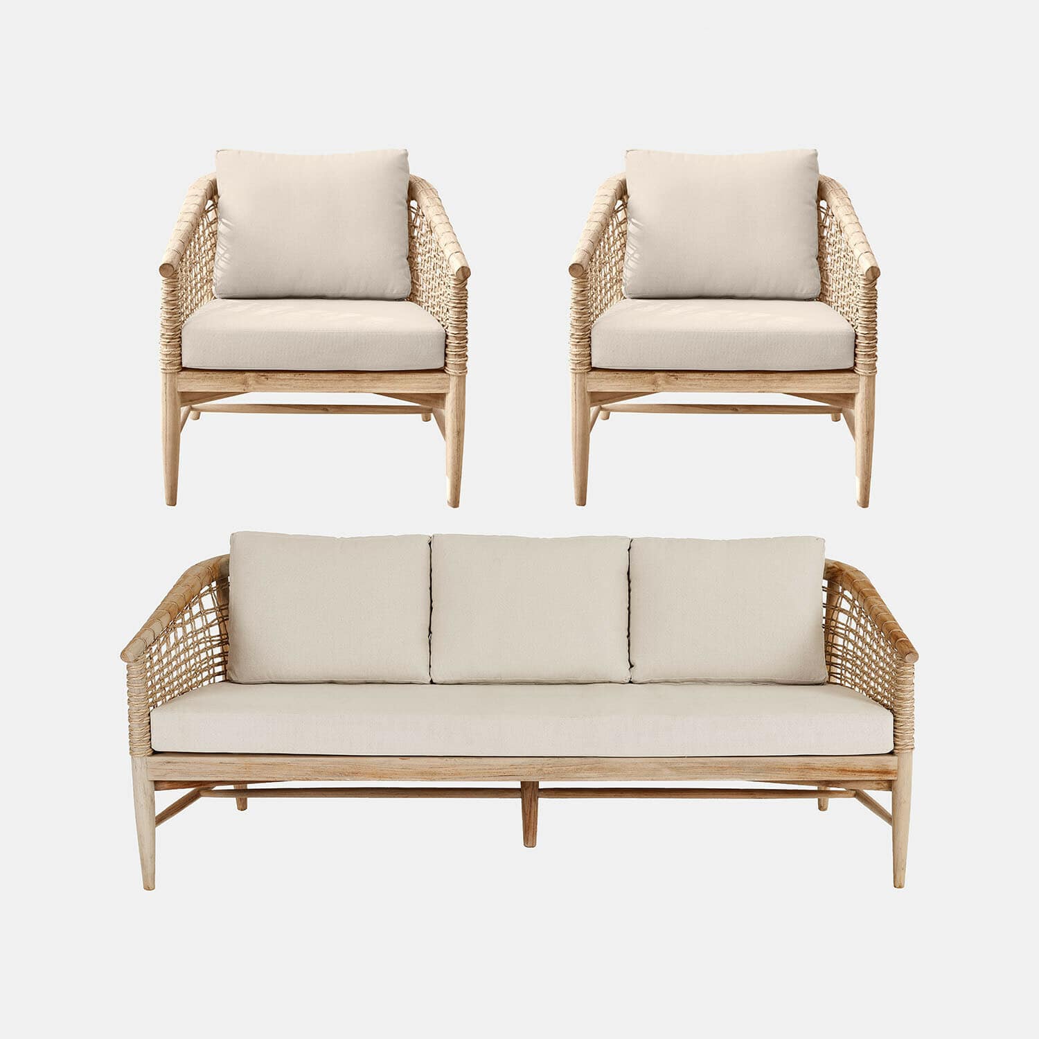 Salon de jardin Roselva Ensemble de meubles en bois avec coussins beige, canapé trois places et deux fauteuils confortables