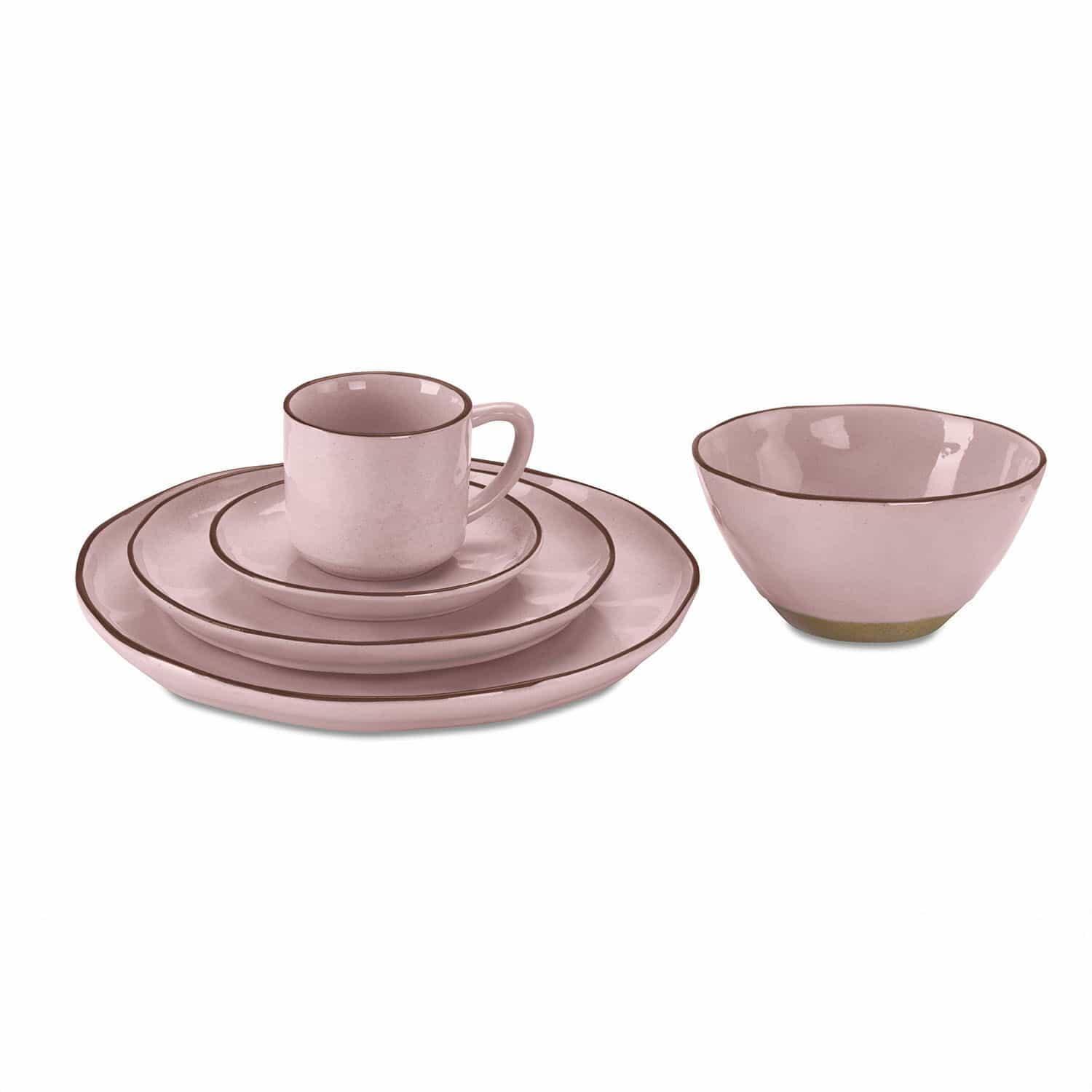 Service 30 pièces Biarré Service de vaisselle en céramique rose avec tasse, assiettes et bol aux bords marron délicats