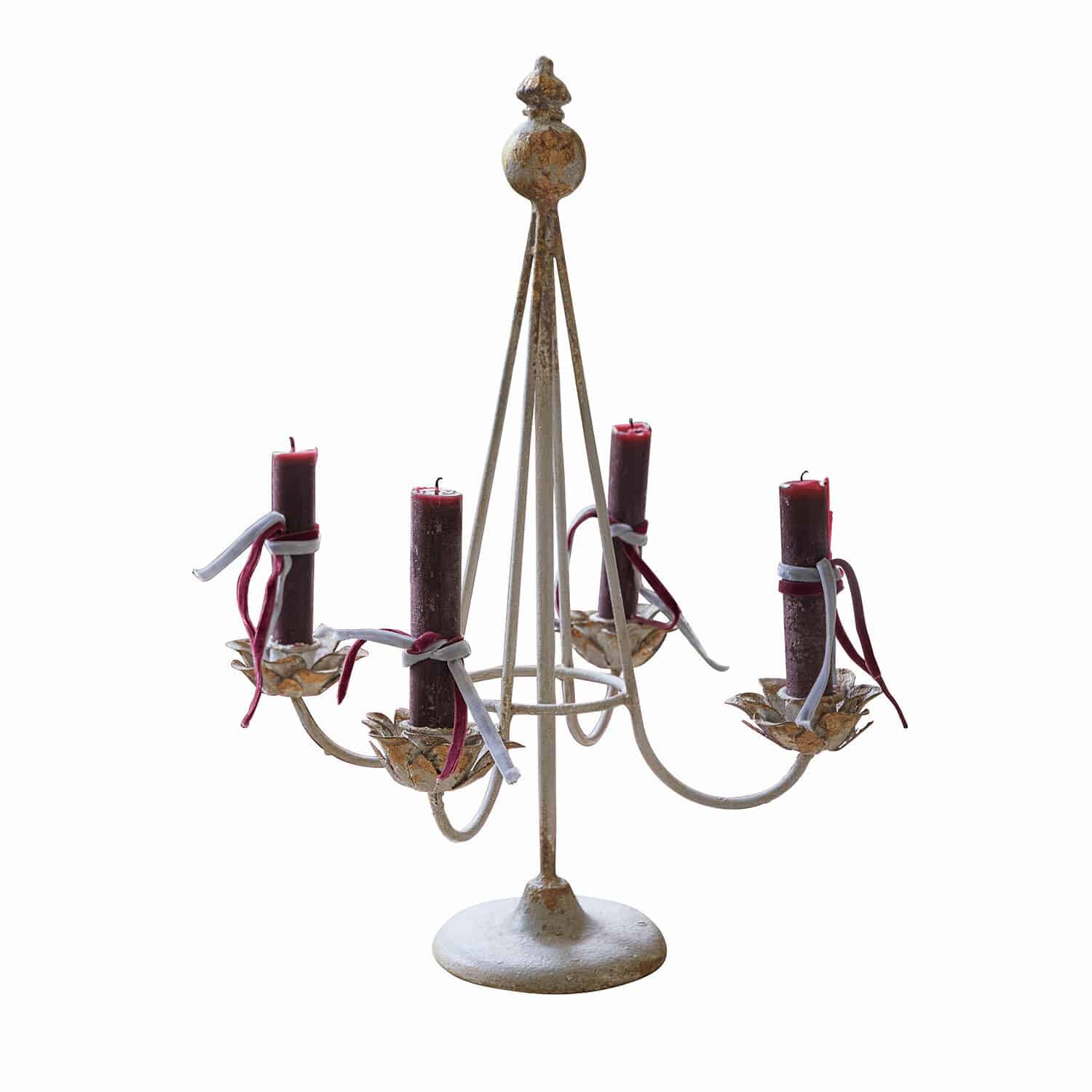 Bougeoir porte-couronne Liyanah Chandelier en métal pour quatre bougies avec bougies bordeaux et rubans décoratifs