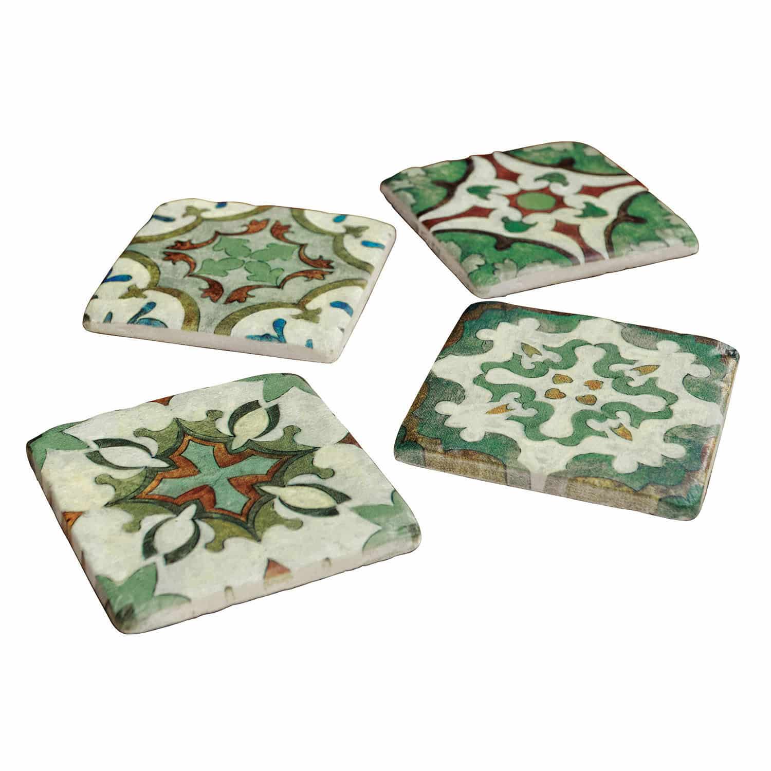 Lot de 4 sous-verres Angeot Ensemble de quatre dessous de verre en céramique avec motifs verts et rouges, accessoires décoratifs pour la maison