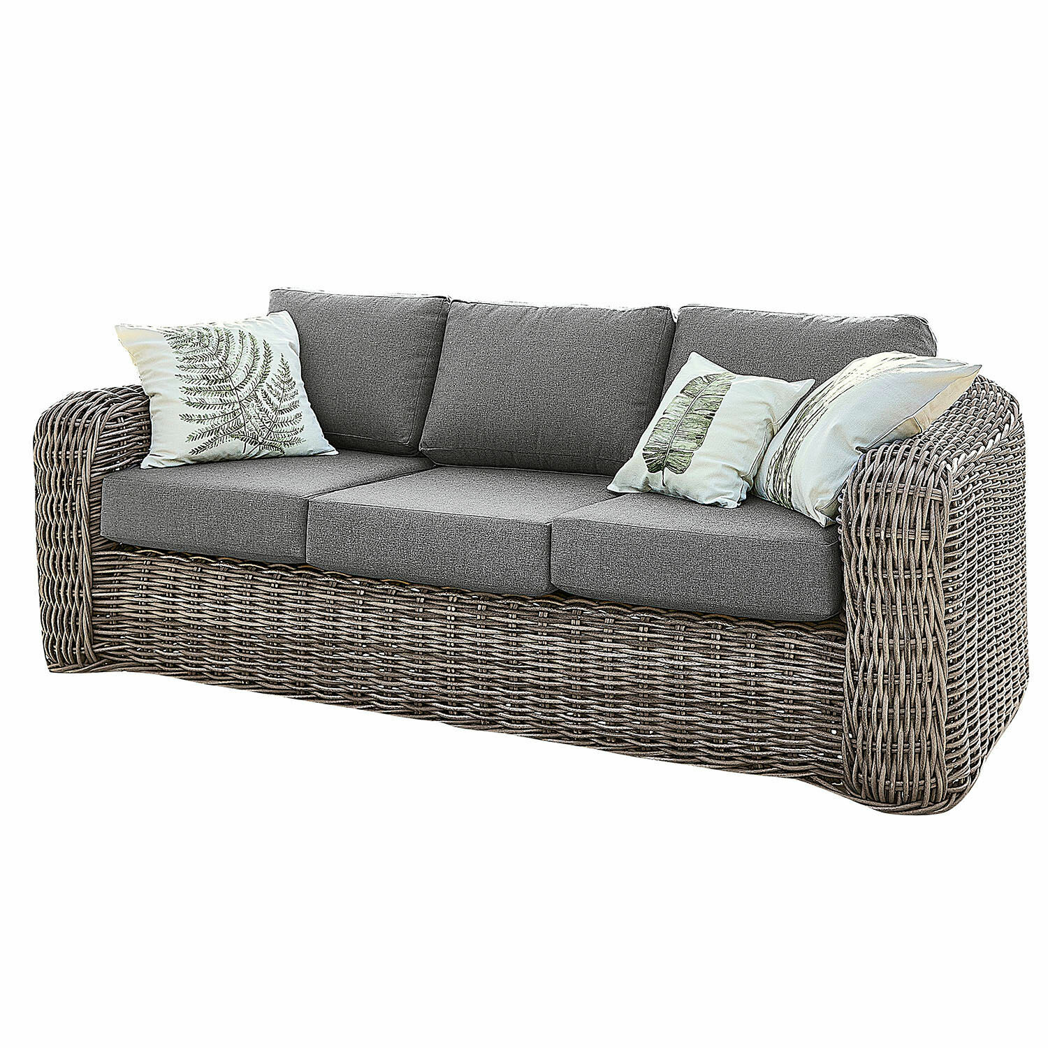 Canapé Upminster Canapé en rotin avec coussins gris et coussins décoratifs à motif de feuilles, meuble confortable
