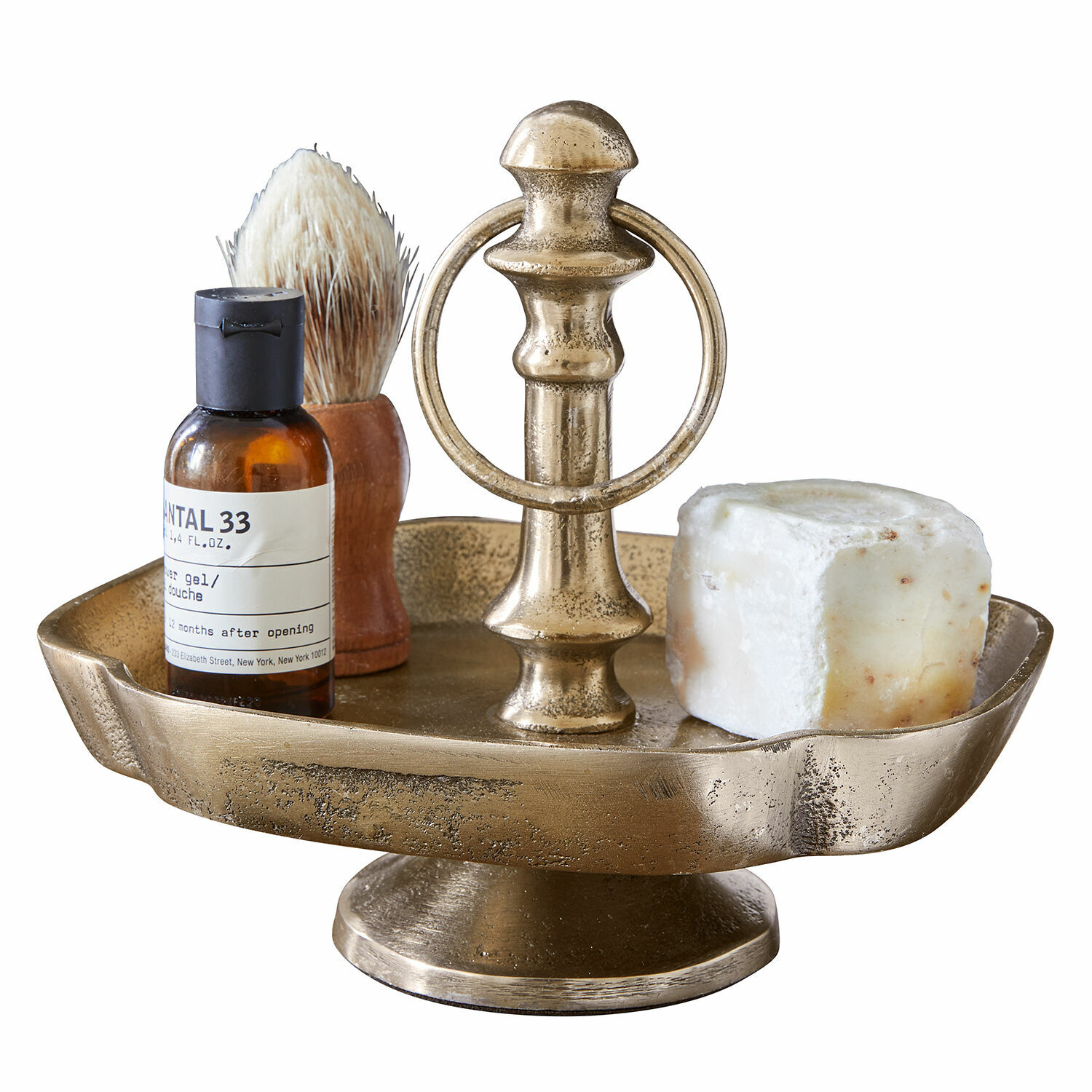 Présentoir à étage Frinesto Plateau en laiton sur pied avec poignée, accessoires de rasage et savon, style vintage