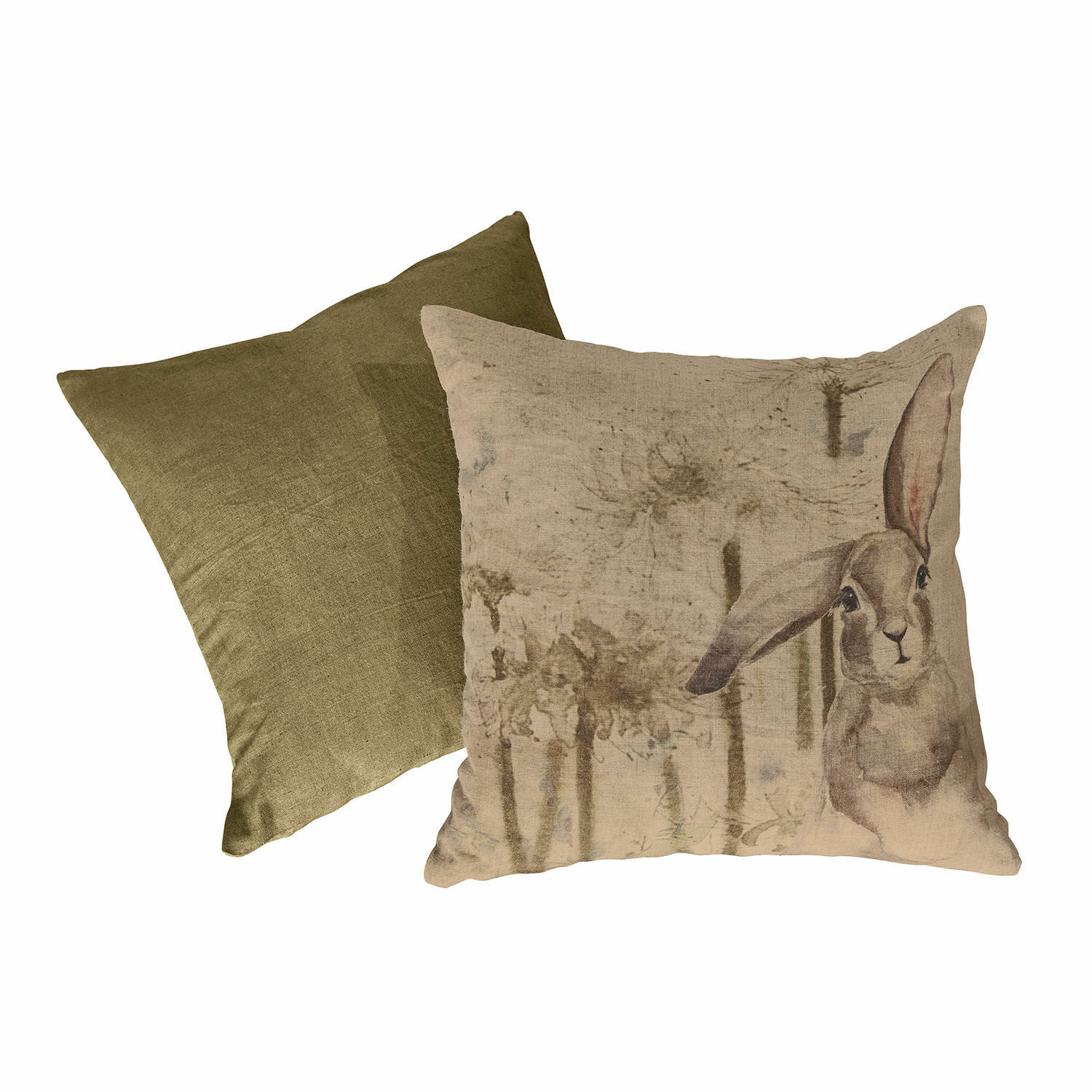 Lot de 2 housses de coussins Milda Ensemble de deux coussins décoratifs en lin, un vert olive et un avec motif lapin et plantes