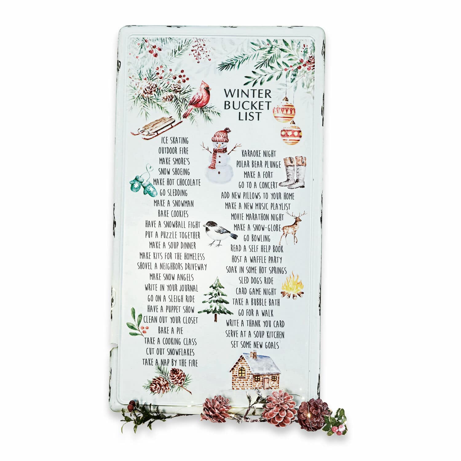 Panneau décoratif List Plaque métallique blanche avec liste d'activités hivernales et décorations de pommes de pin et oiseaux