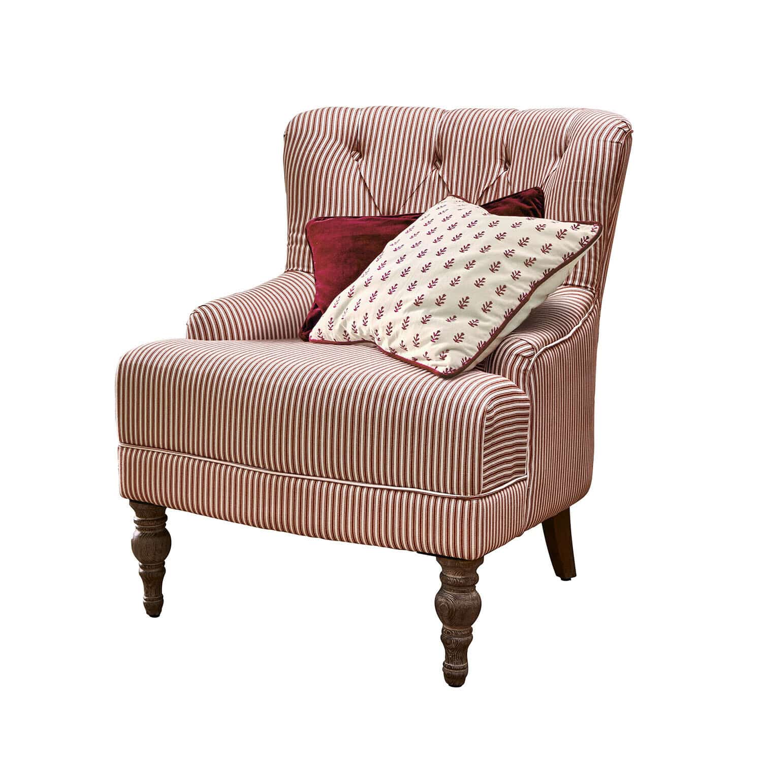 Fauteuil Amuran Fauteuil rayé en tissu rouge et blanc avec pieds en bois et deux coussins décoratifs assortis