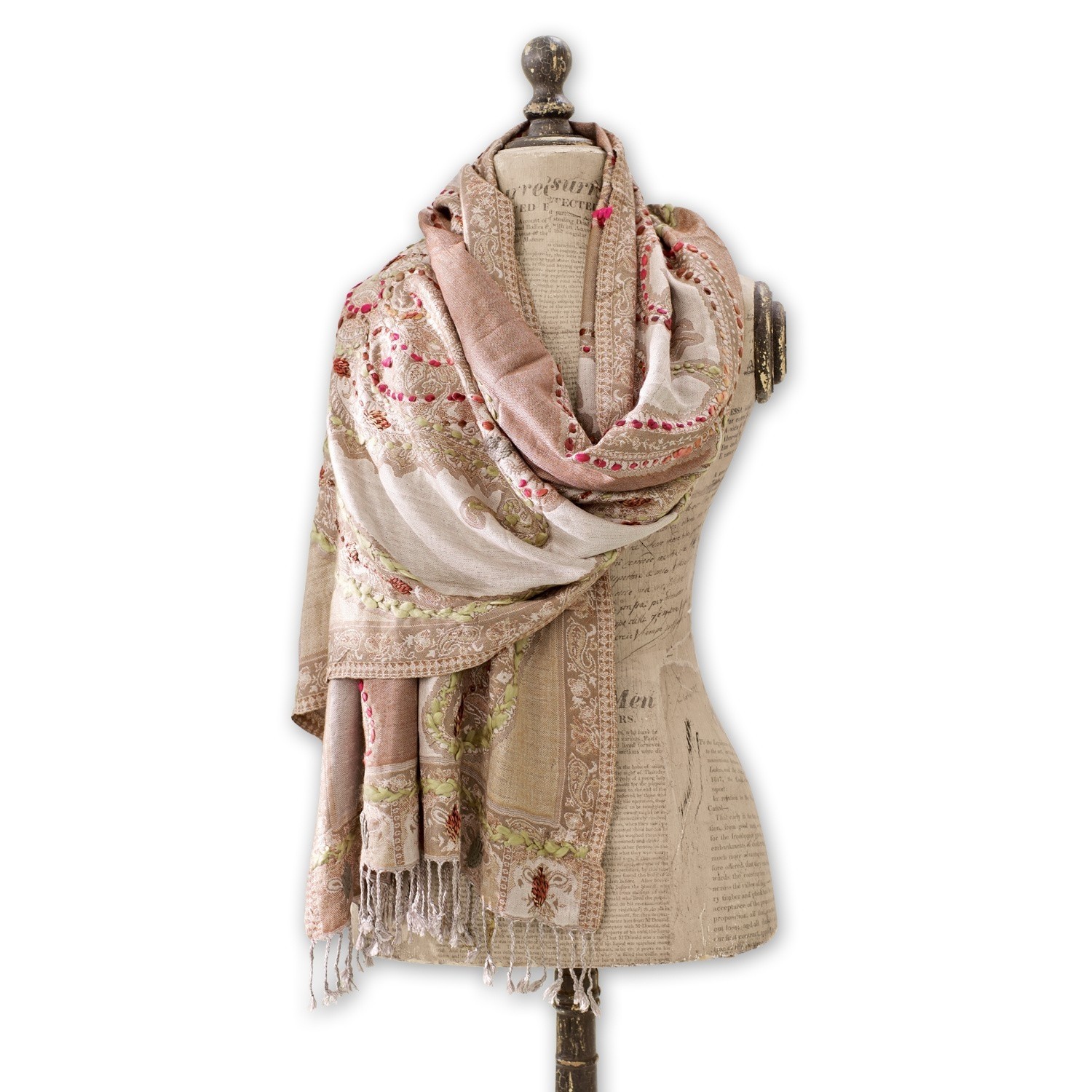 Étole Linou Écharpe beige à motif paisley avec franges, tissu doux, accessoire de mode élégant