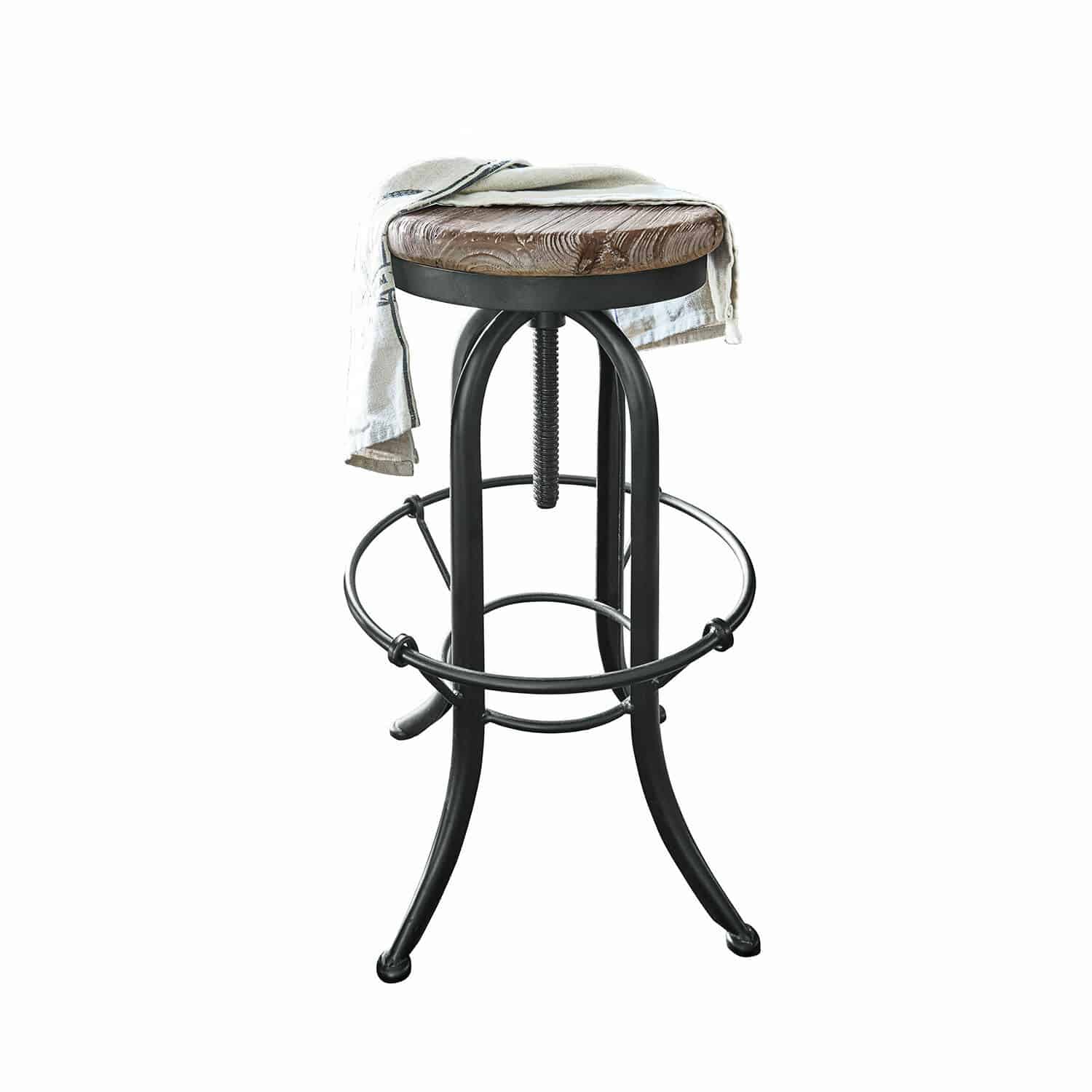 Tabouret Cambria Tabouret de bar industriel avec base en métal noir et assise en bois avec tissu posé dessus