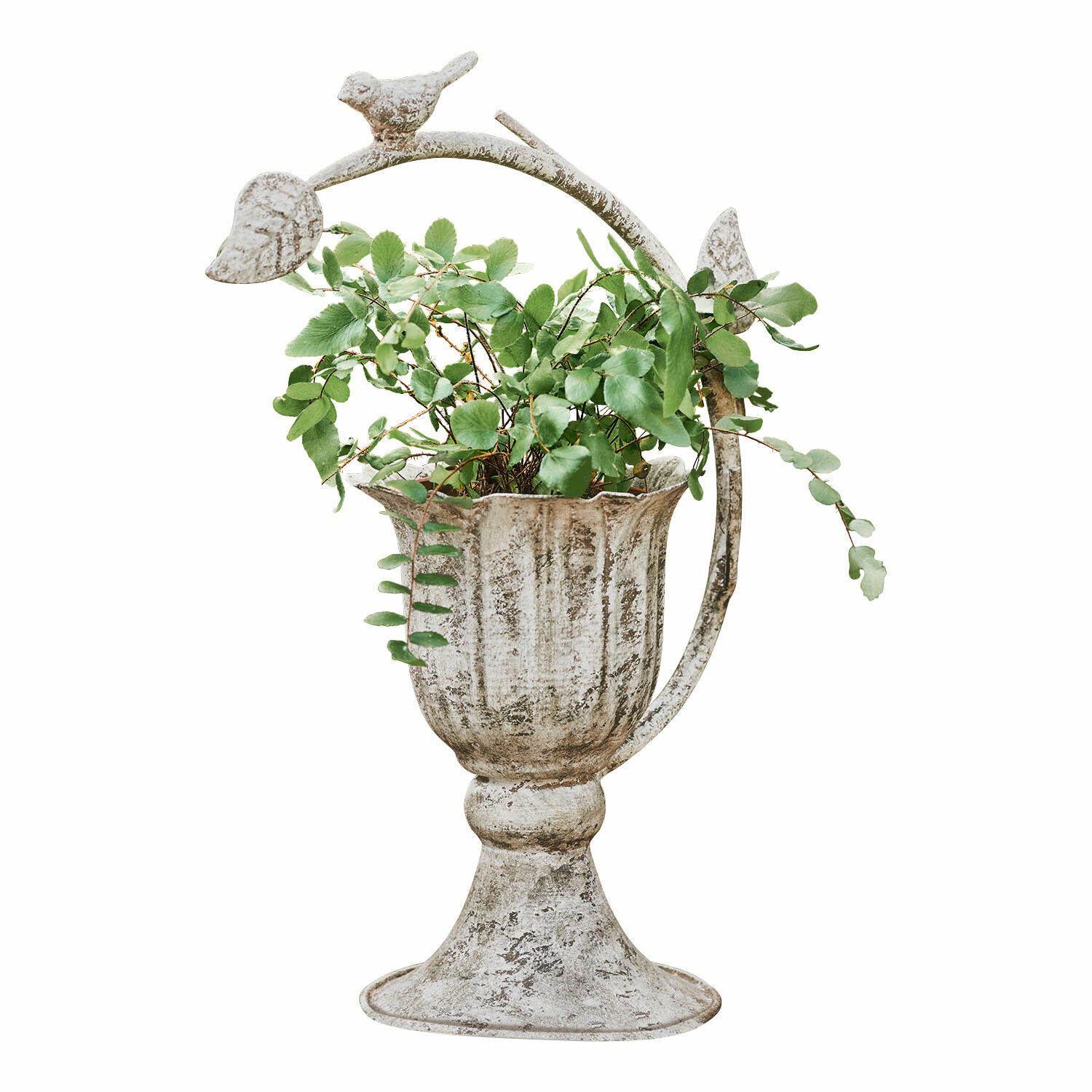 Cache-pot Laria Vase décoratif en métal blanc vieilli avec feuillage vert et ornements d'oiseaux en métal
