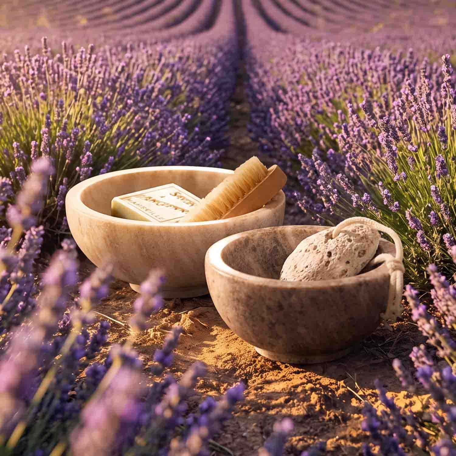 Deux bols en marbre avec accessoires de bain naturels devant un champ de lavande violet