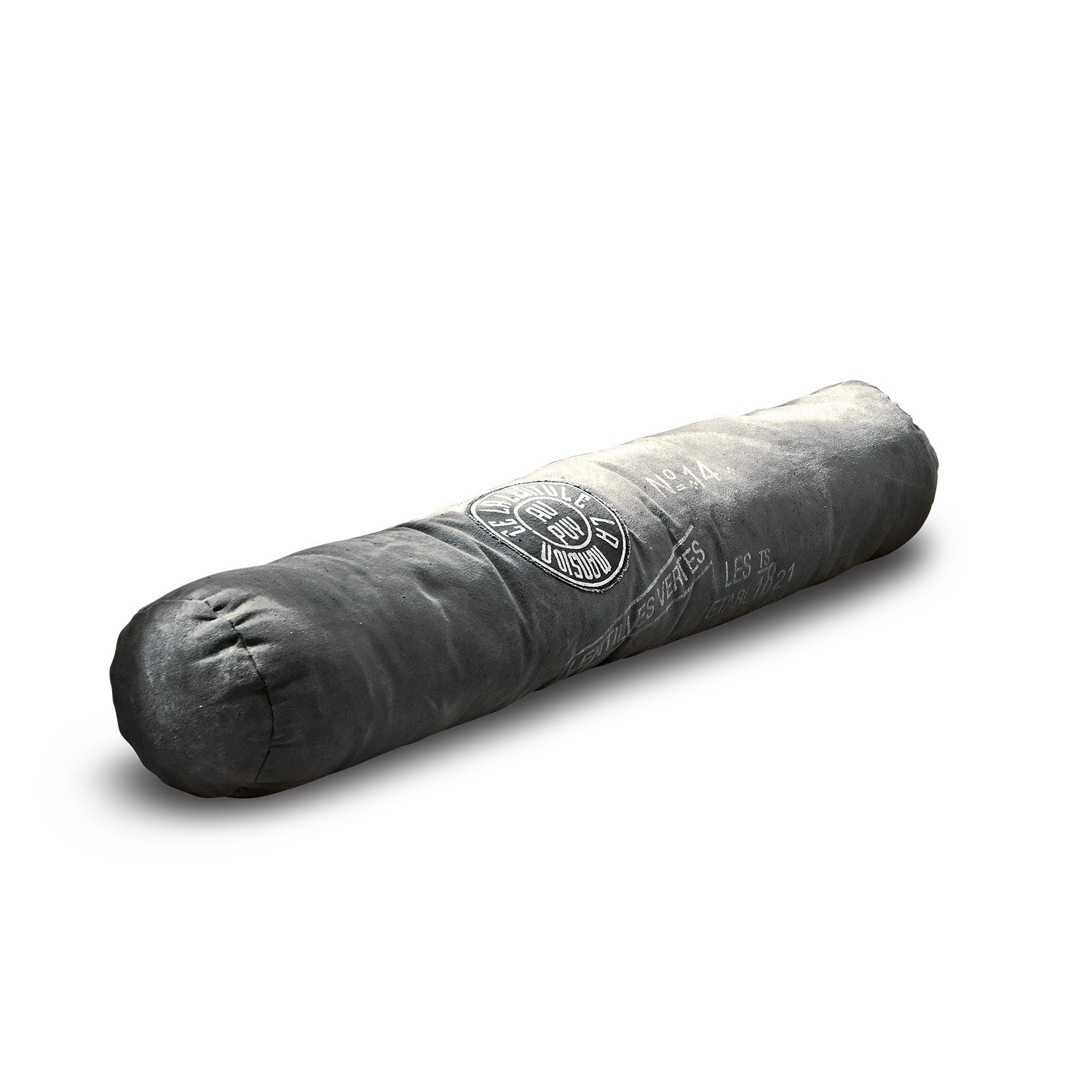 Bas de porte Jake Coussin cylindrique gris avec impression, en tissu doux pour un confort optimal