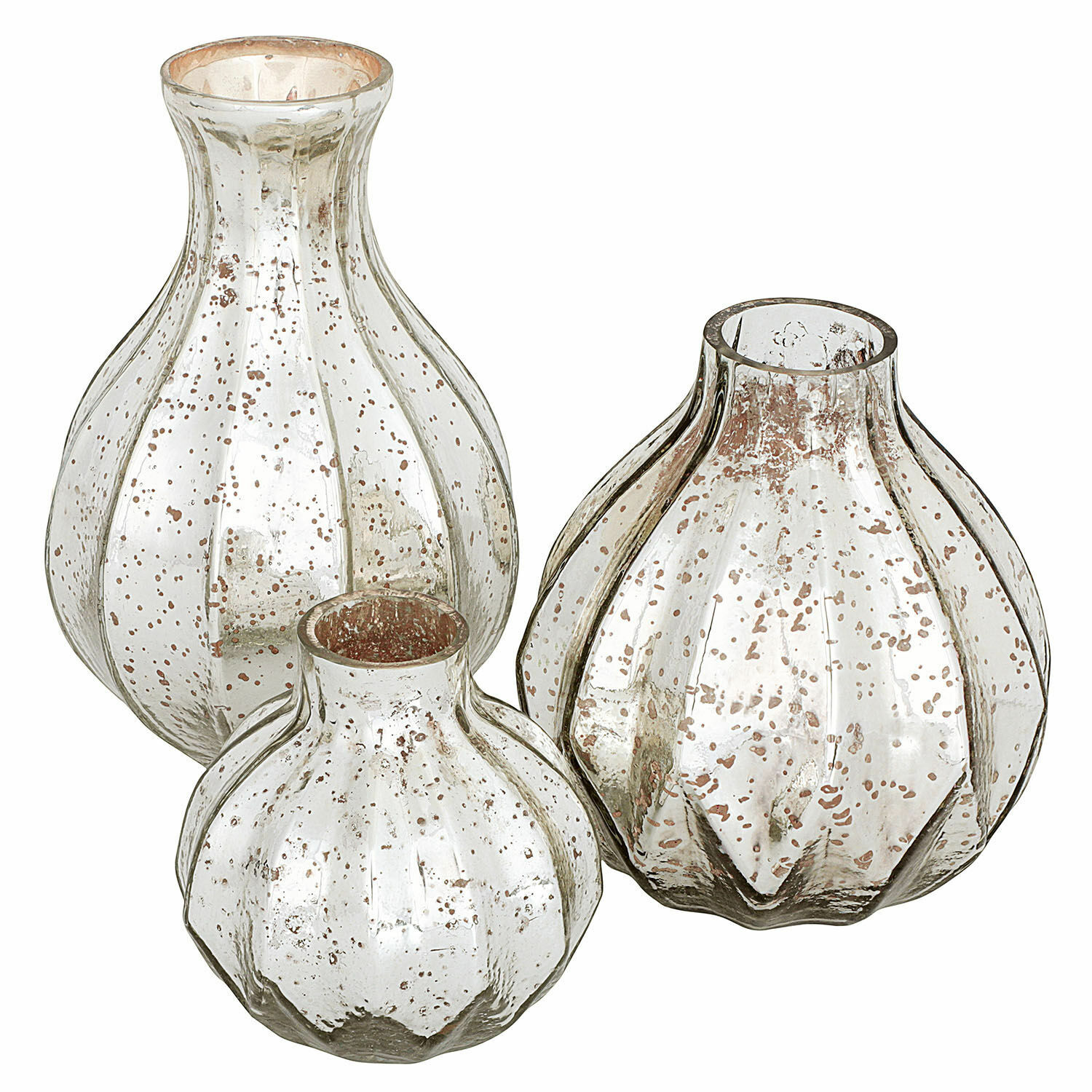Lot de 3 vases Frido Ensemble de trois vases décoratifs en verre avec effet argenté vieilli, parfait pour la décoration intérieure.