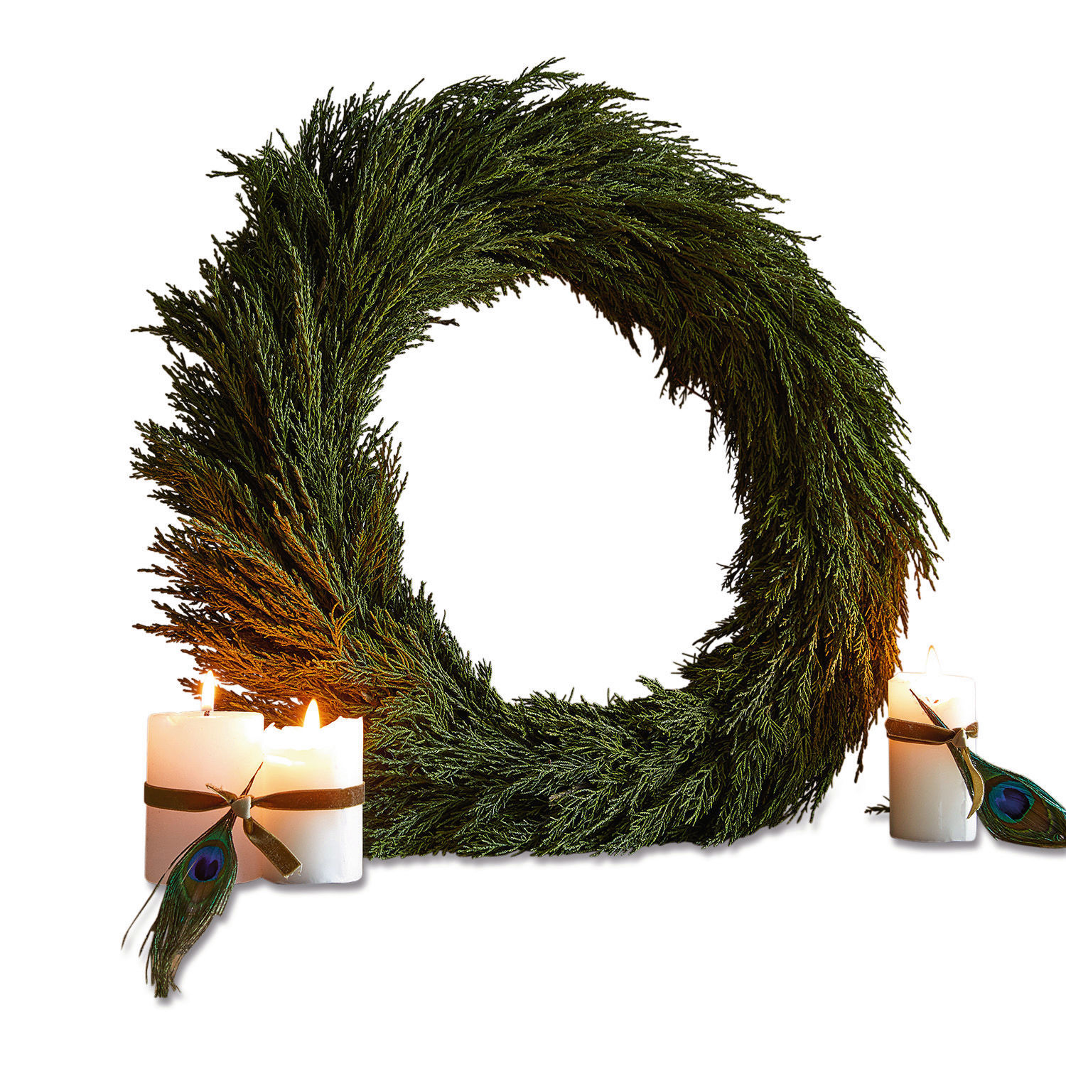 Couronne Évres Couronne de Noël en branches vertes avec bougies blanches et plumes de paon pour décoration festive