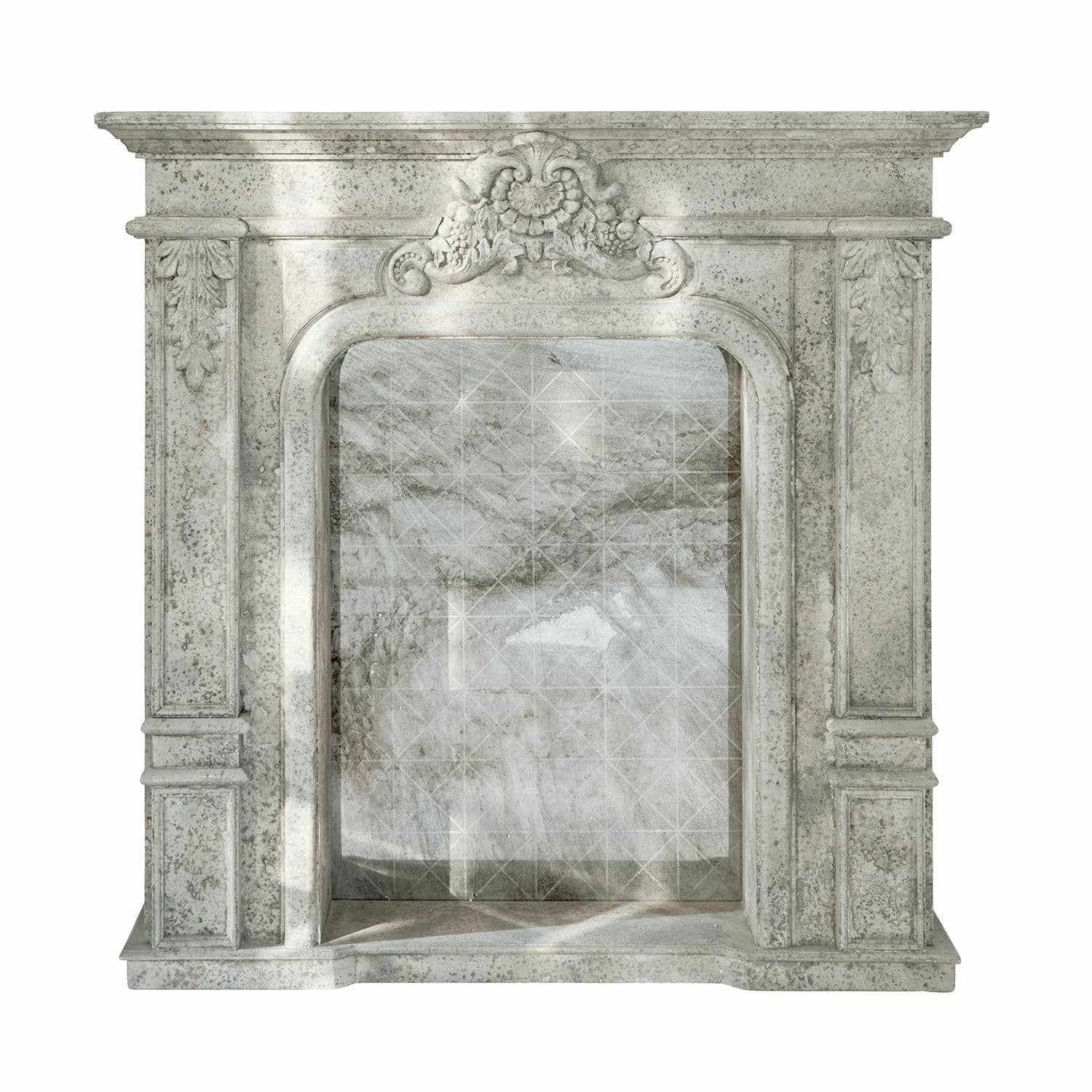 Manteau de cheminée Rethonvillers Cheminée classique en marbre clair avec un relief décoratif supérieur et un motif gris marbré