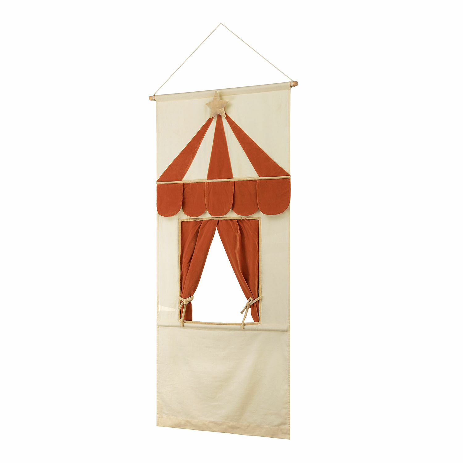 Théâtre de marionnettes Papillou Tissu mural décoratif en beige et brique avec étoile et rideaux noués pour décoration intérieure