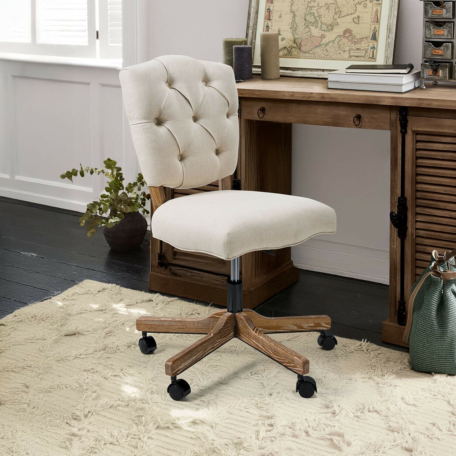 Chaise de bureau Havenleigh Chaise de bureau pivotante beige avec base en bois sur roulettes, idéale pour un bureau à domicile