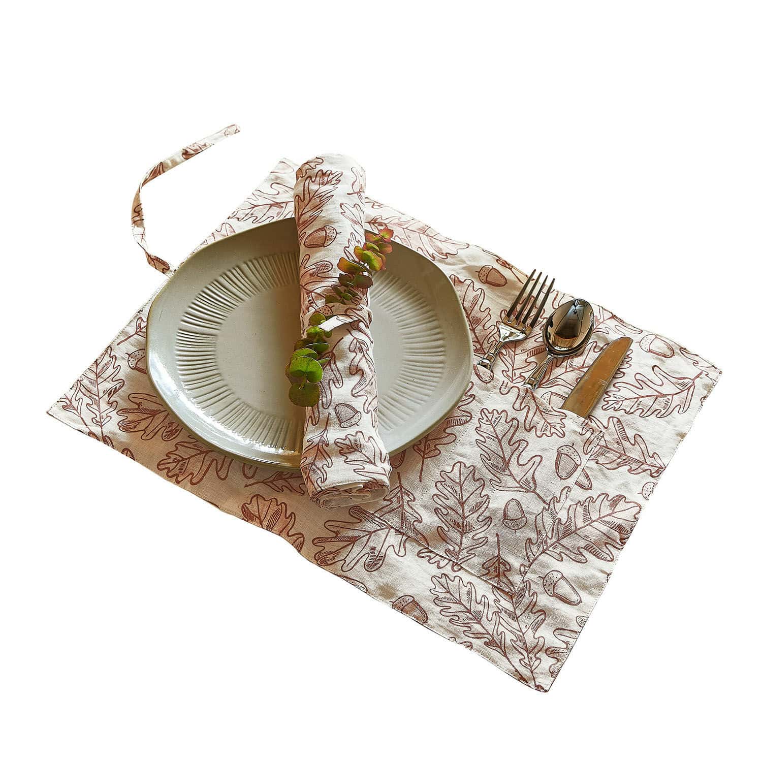Lot de 2 sets de table Qubinal Ensemble de table en lin avec motif de feuilles de chêne et couverts dans des tons naturels