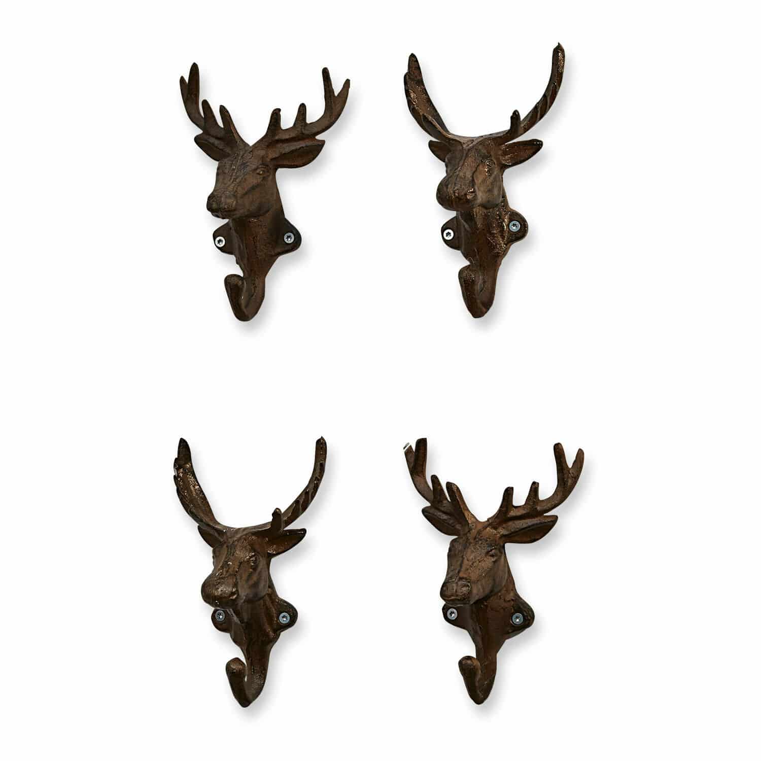 Lot de 4 patères Deer Ensemble de quatre crochets muraux en métal brun en forme de tête de cerf pour décoration intérieure