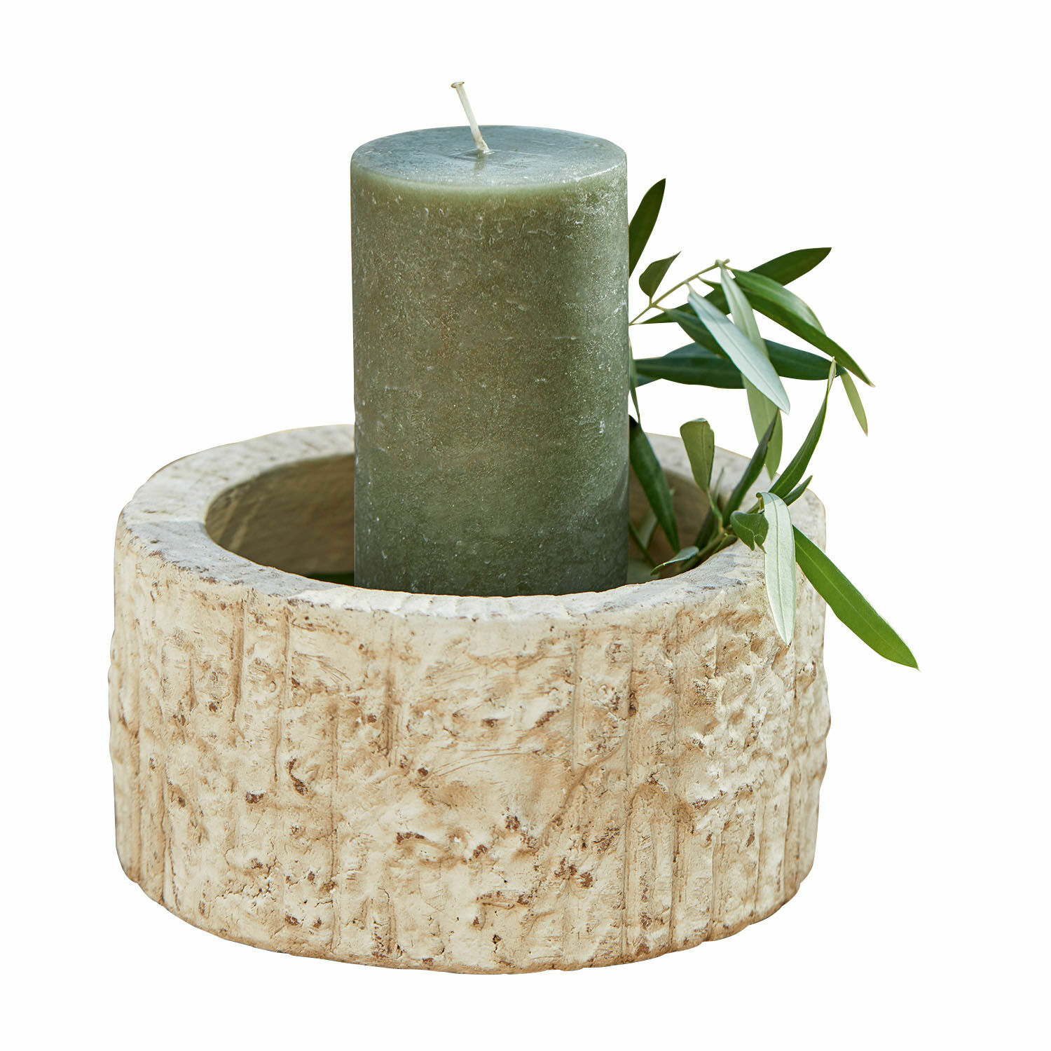 Coupe Continas Bougie verte avec feuille naturelle dans un porte-bougie beige texturé en pierre décorative
